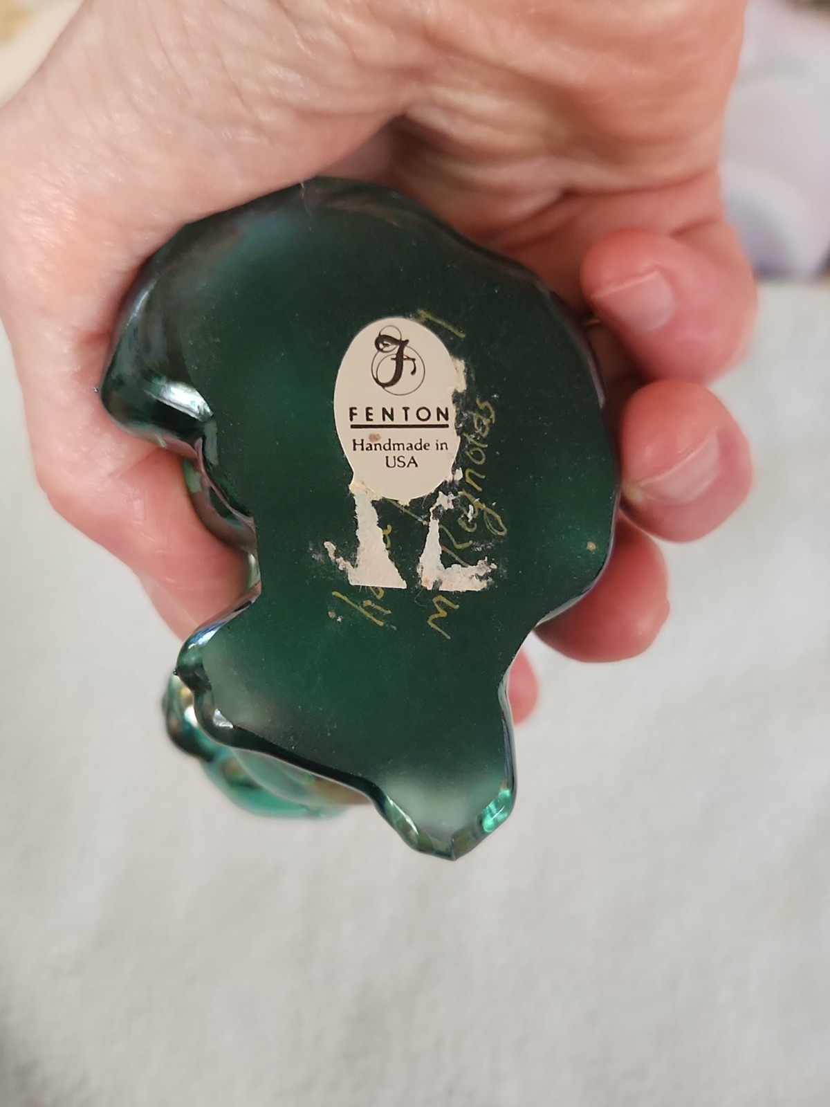 Purple Carnival Glass Fenton Cat Figurine Hand Painted With Sticker Stamped Logo