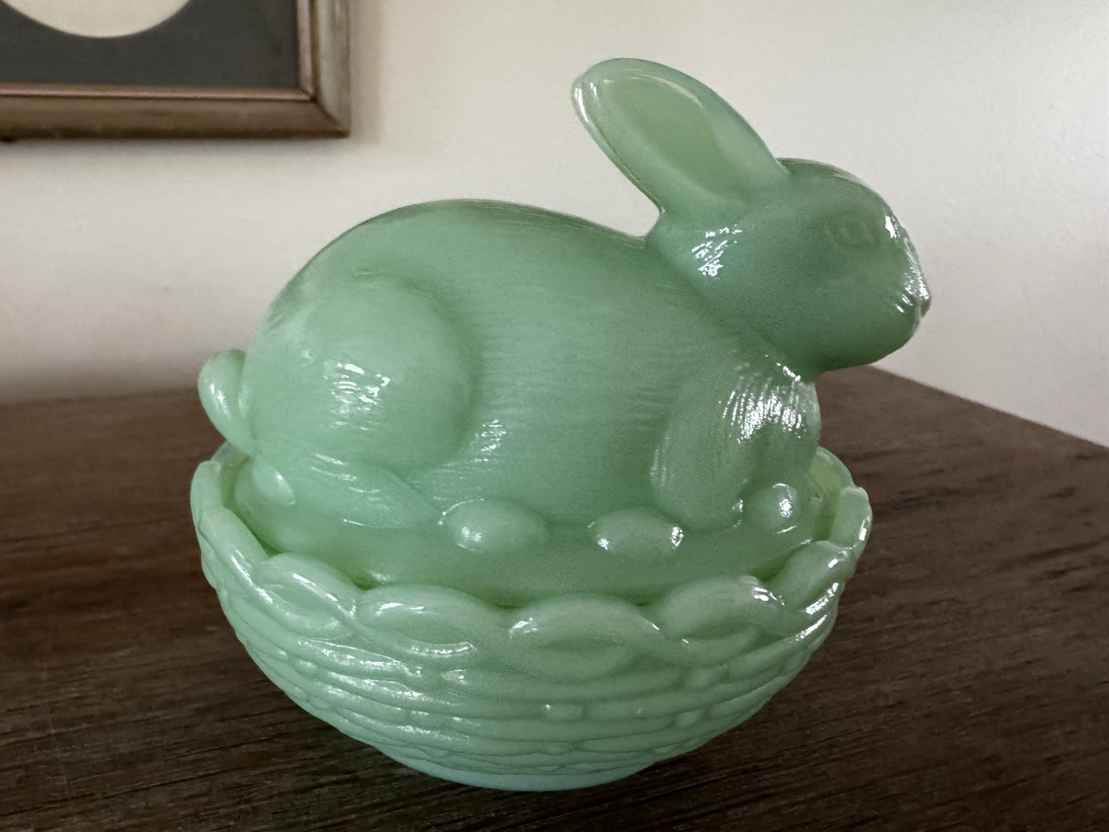 Mosser Jadeite Bunny On Nest Covered Candy Dish