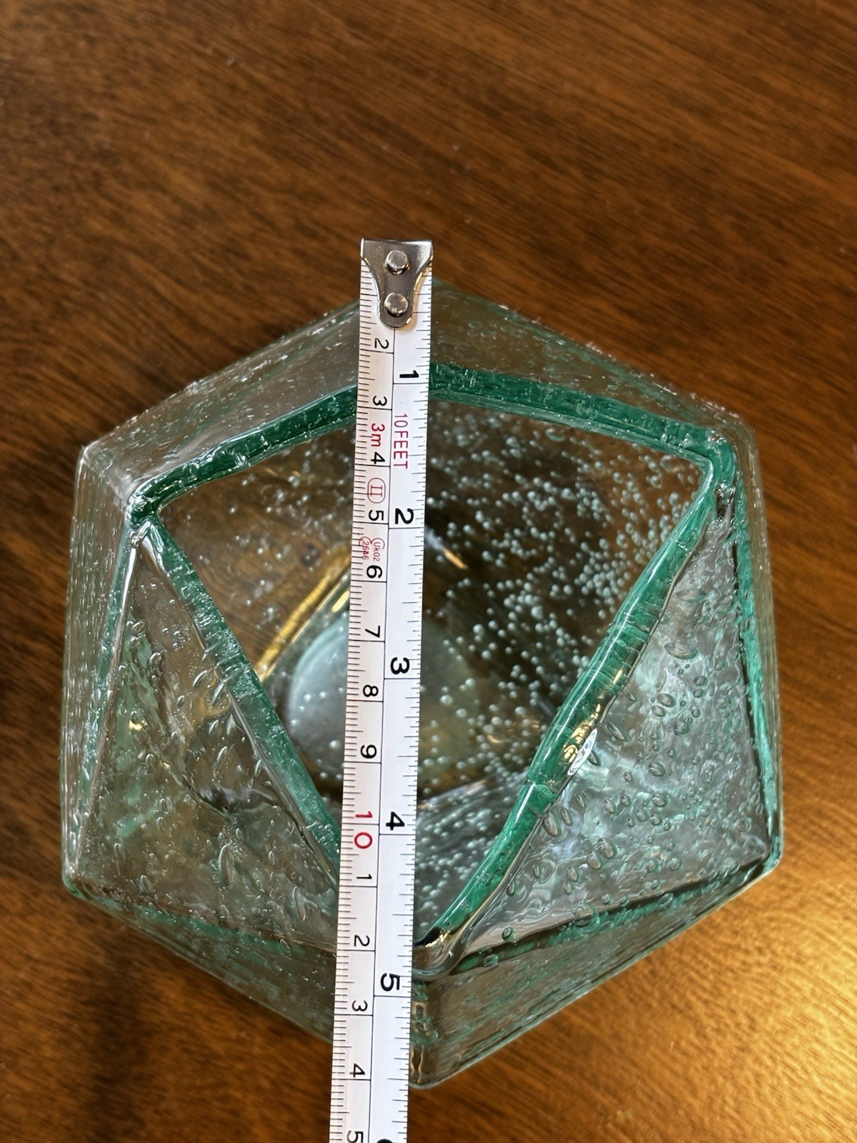 Vintage Green Bubble Glass Triangular Geometric Art Vase Jar Candle 6.5 in tall