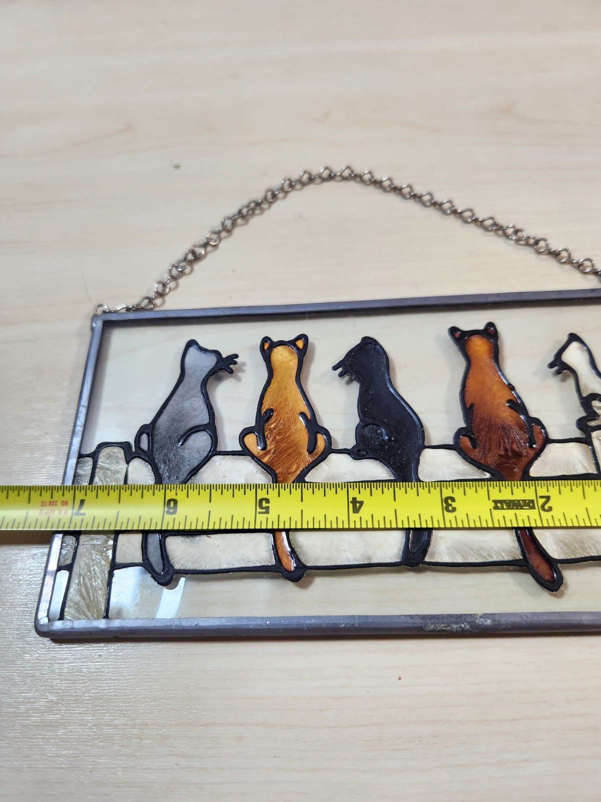 Stained Glass Framed Window Panel FIVE CATS ON A FENCE 7″ x 4 1/8″ Chain Hanger