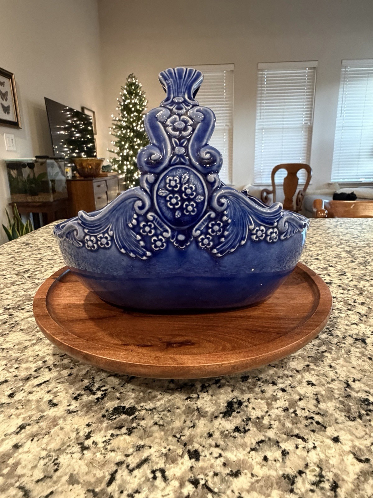 Vintage Cobalt Blue Ceramic Floral Basket Or Planter For Plant Flowers Decor