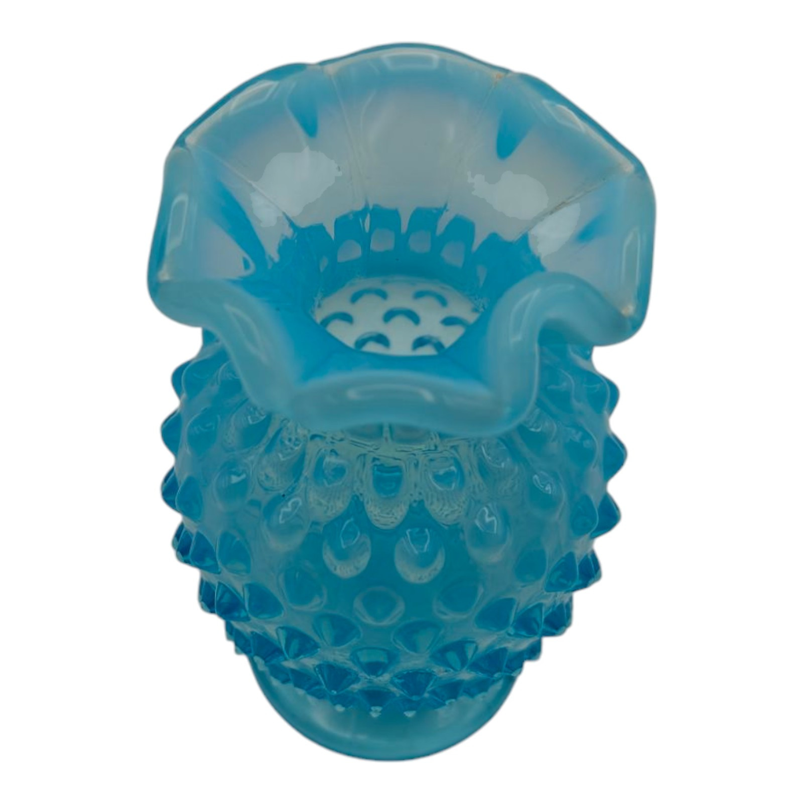 Vintage Fenton Aqua Blue Opaline Opalescent Glass Hobnail Crimp Mini Vase READ