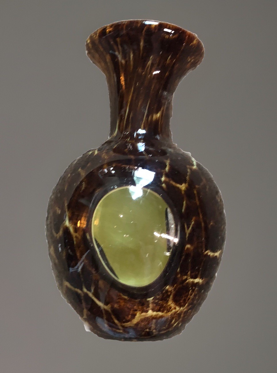 Art Glass Bright Green Encased Tortoise Shell Staggered Window Vase Hand Blown
