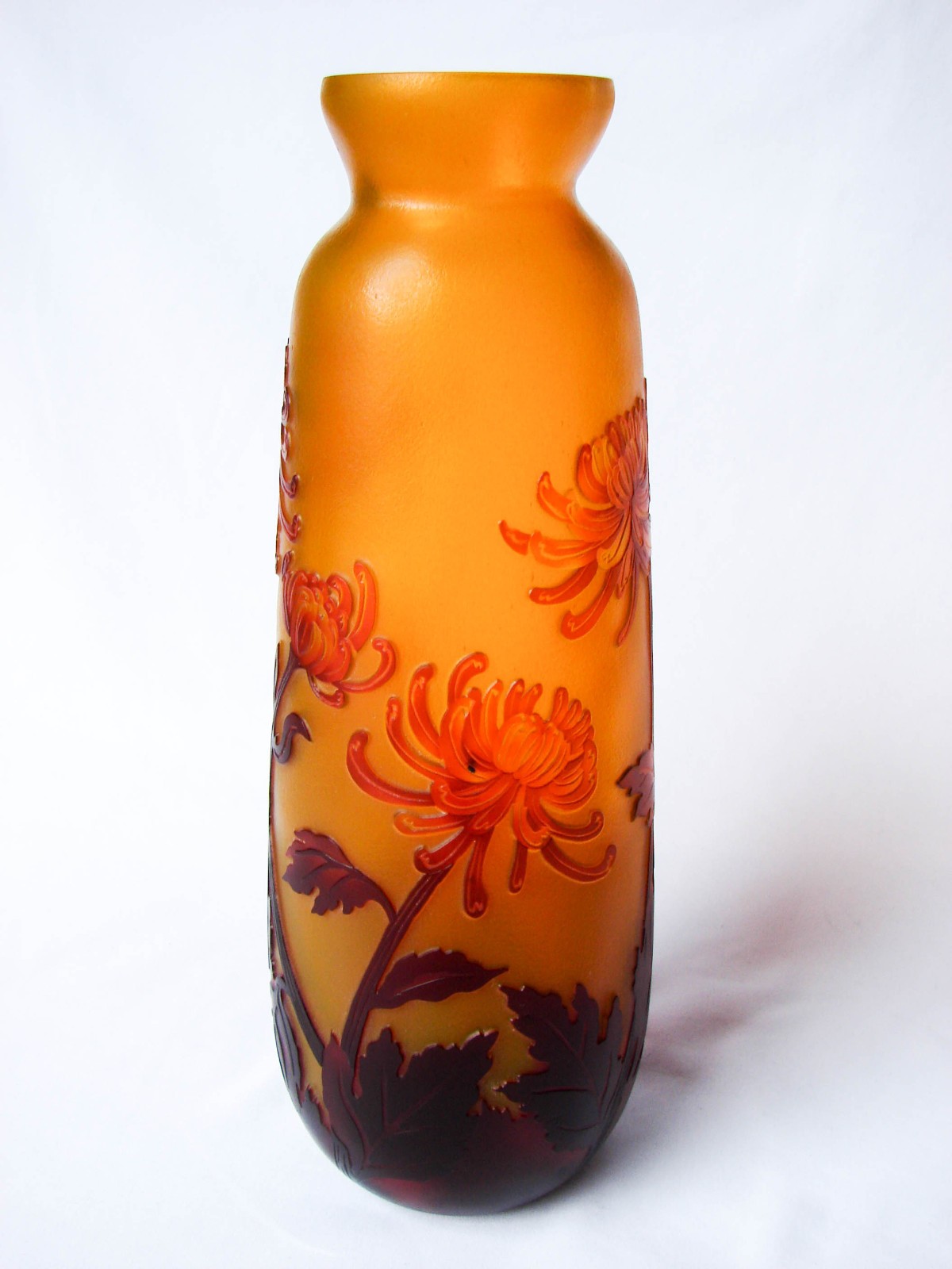 Large 12” Unsigned Cameo Art Glass Vase Ruby Red Acid Etched Floral Art Nouveau