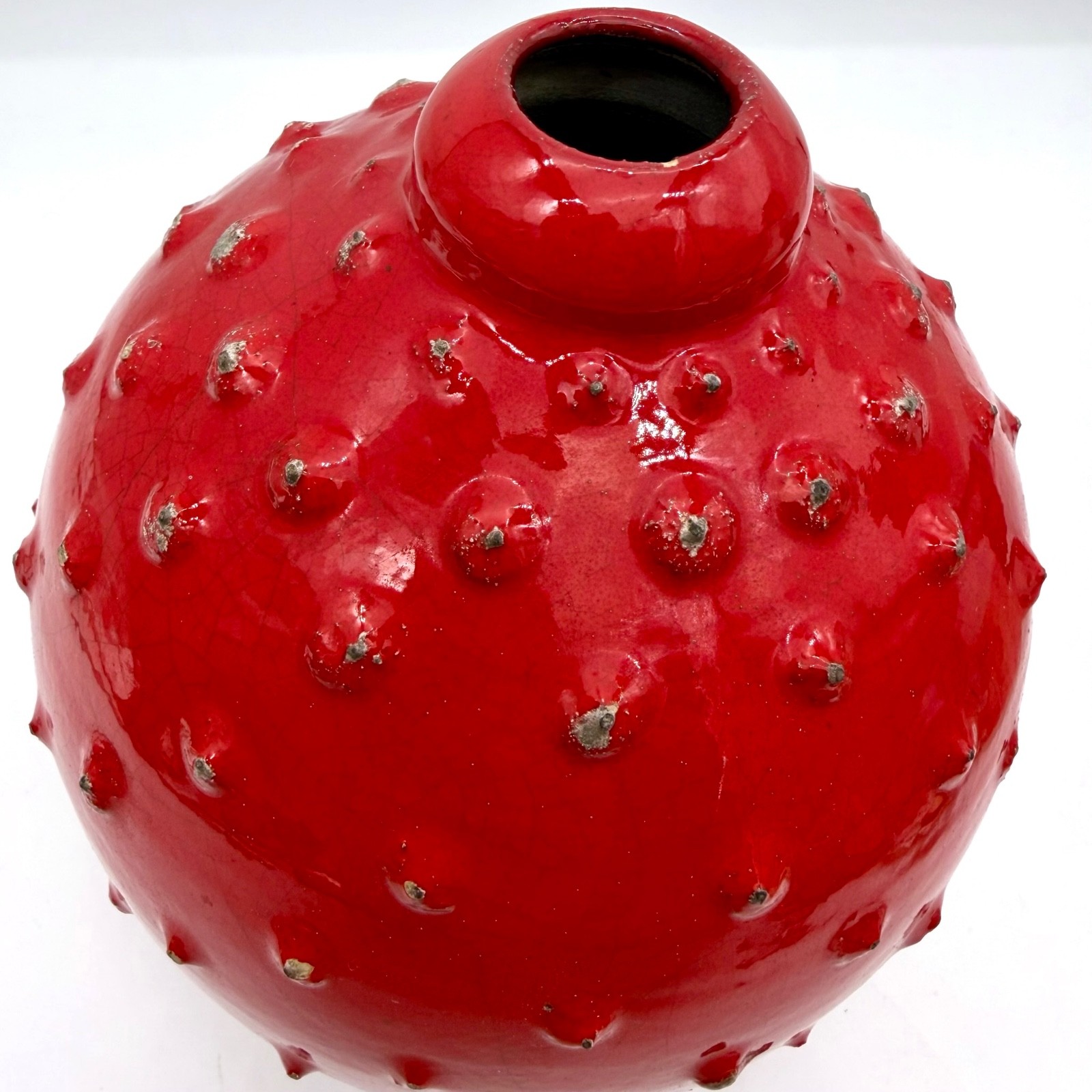 Signed 2003 Modern Art Pottery Red Glaze Vessel Textured Urn Abstract Sculpture
