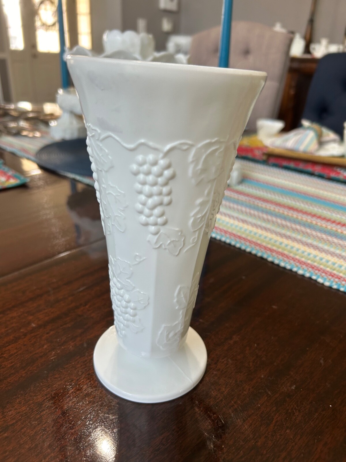 Vintage Indiana Glass Footed Milk Glass Vase, Grape & Leaf Pattern approx 8″
