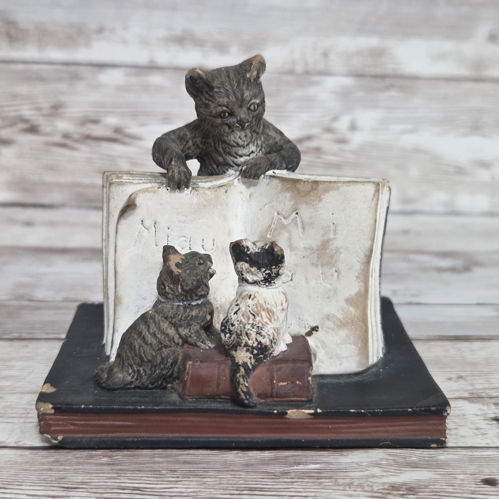 19c Antique Hand Painted Terracotta Reading Kittens Figurine Cats Cold Painted