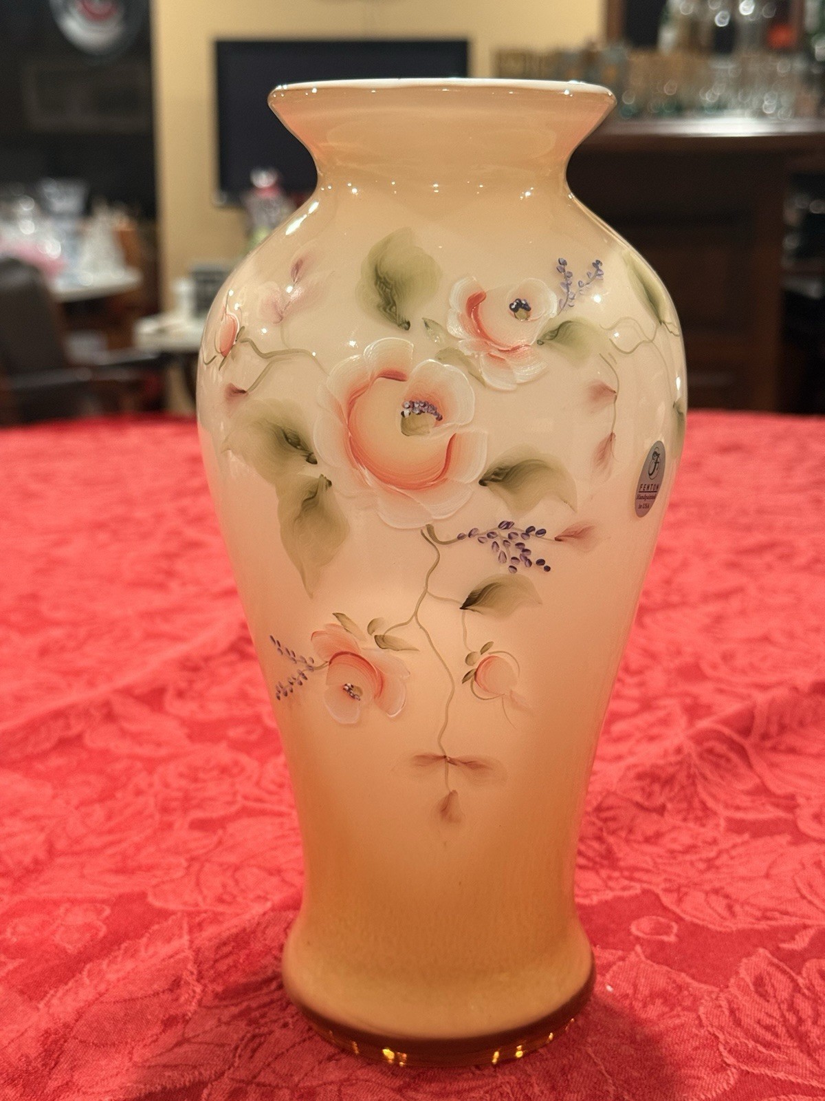 Fenton Satin Sunset Overlay Hand Painted “Princess Roses” Vase Signed Ex Cond