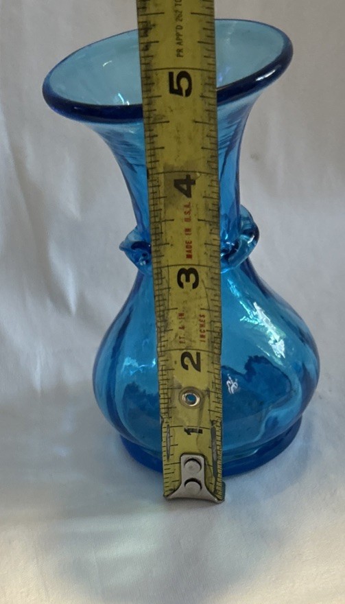 Vintage Hand Blown Colonial Blue Glass Vase Applied Ribbon Band Fluted Top 4.75”