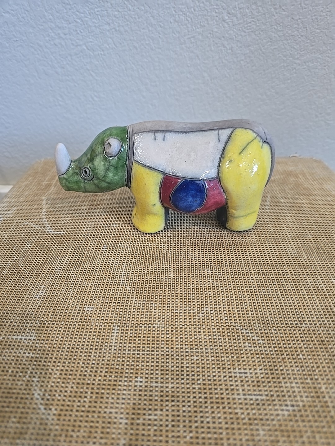South Africa Colorful Block Rhinoceros Raku Studio Pottery Figurine