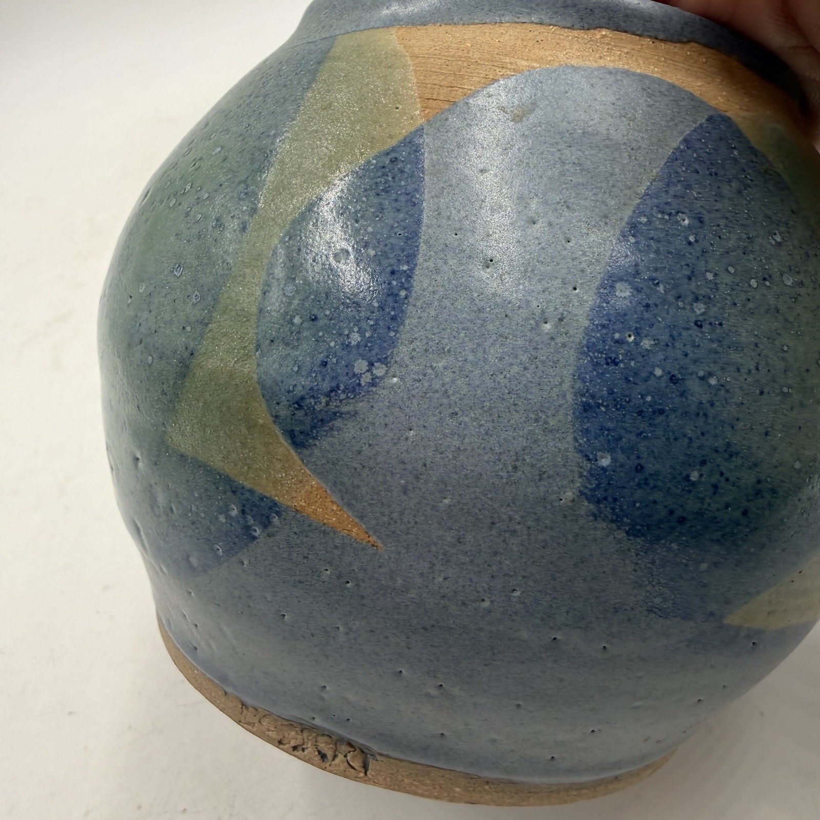 Artist Signed Studio Art Pottery Round Ceramic Vase Blue Circle Pattern 4.25” T