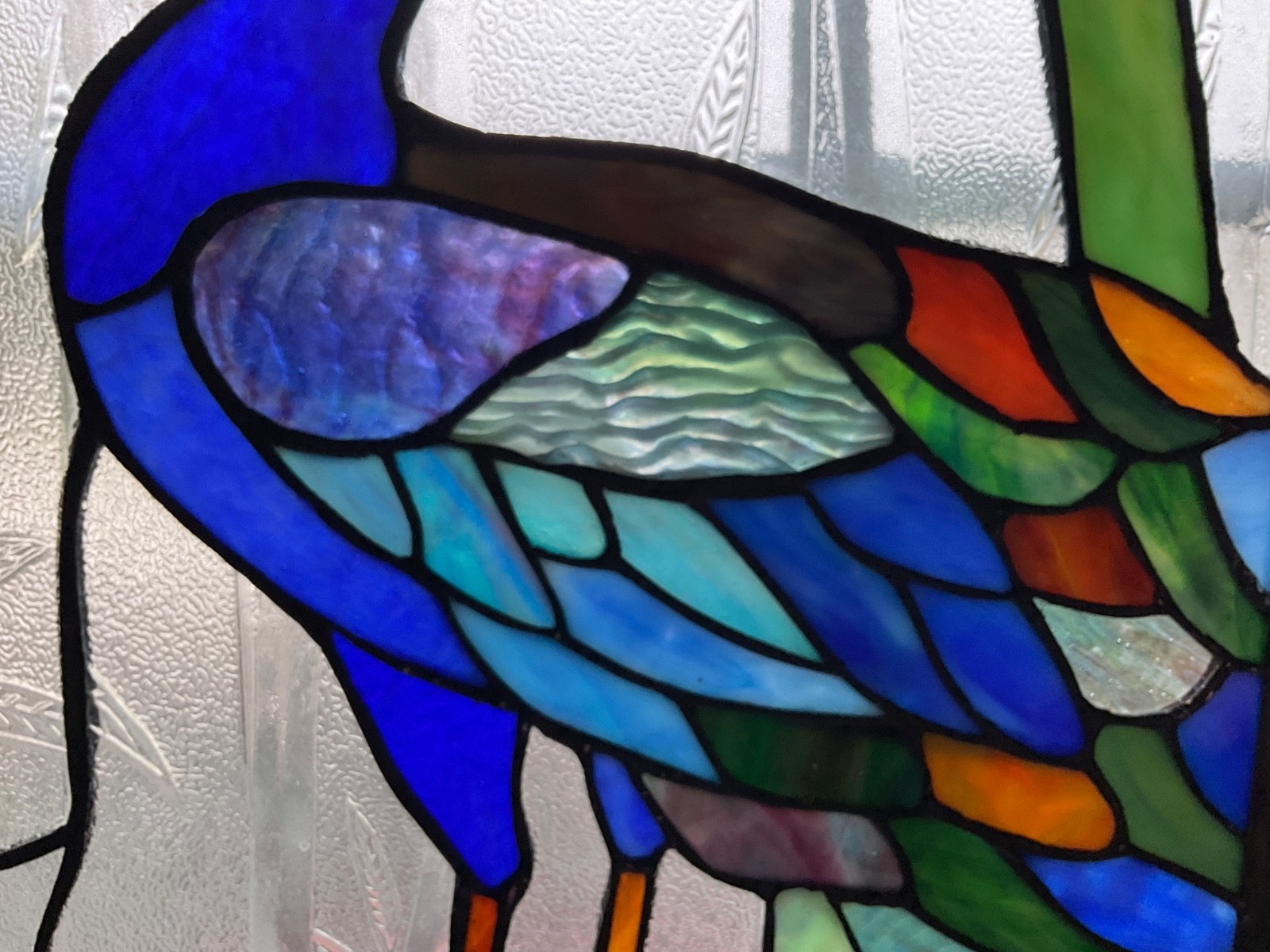 Stained glass peacock flower bamboo window panel framed. Nice!