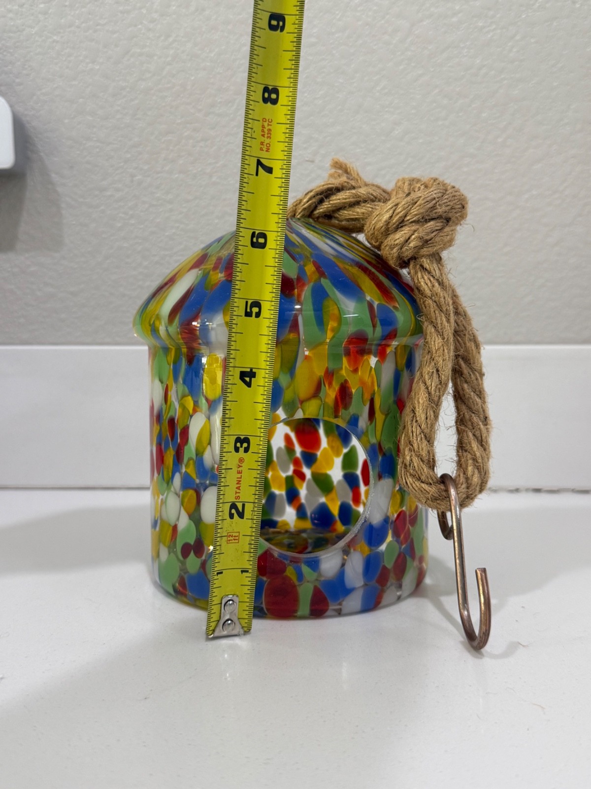 Hand Blown Multi Colored Glass Hanging Birdhouse with Rope & Hook Attachment