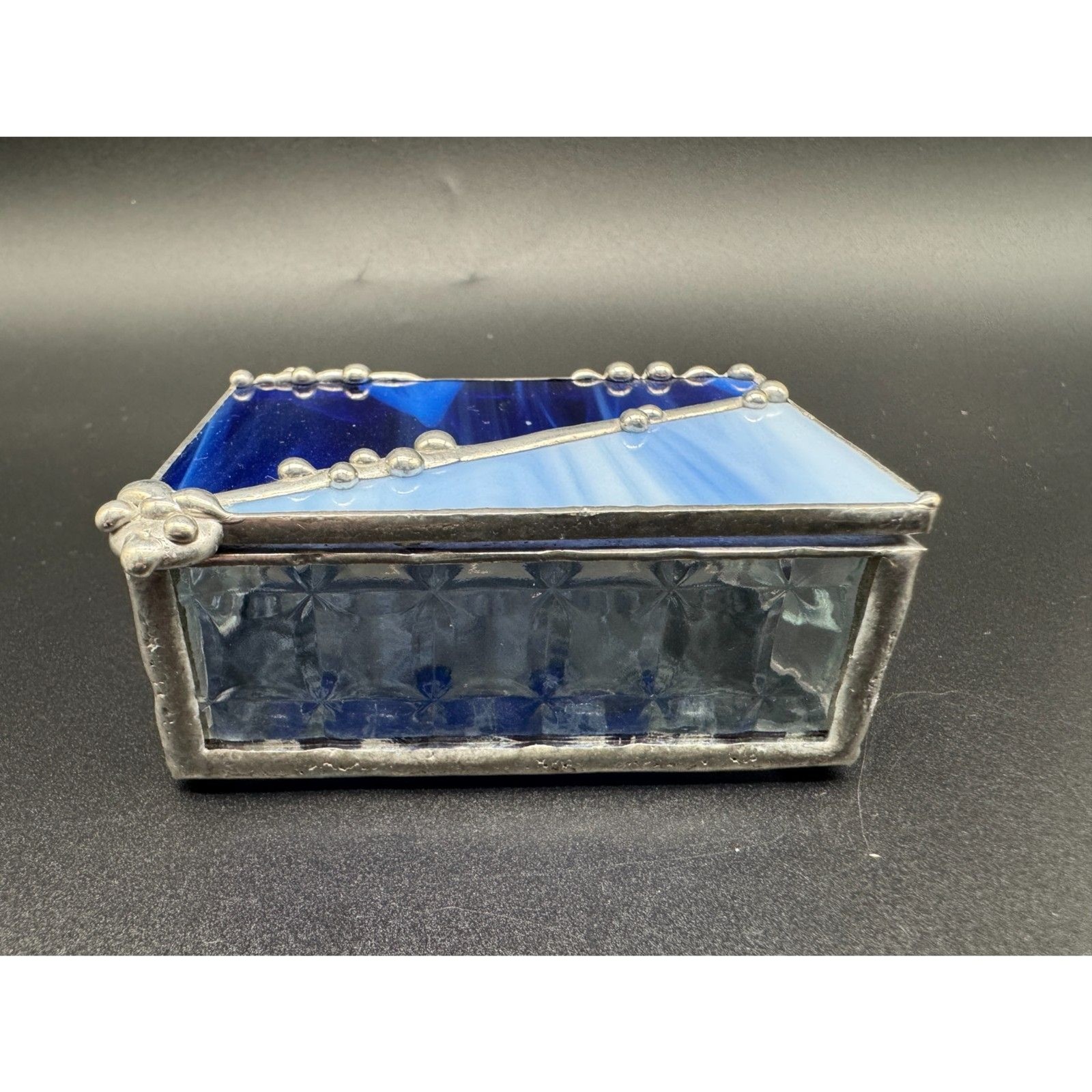Art Glass Leaded Hinged Box Cobalt and Light Blues. 3″x 2″