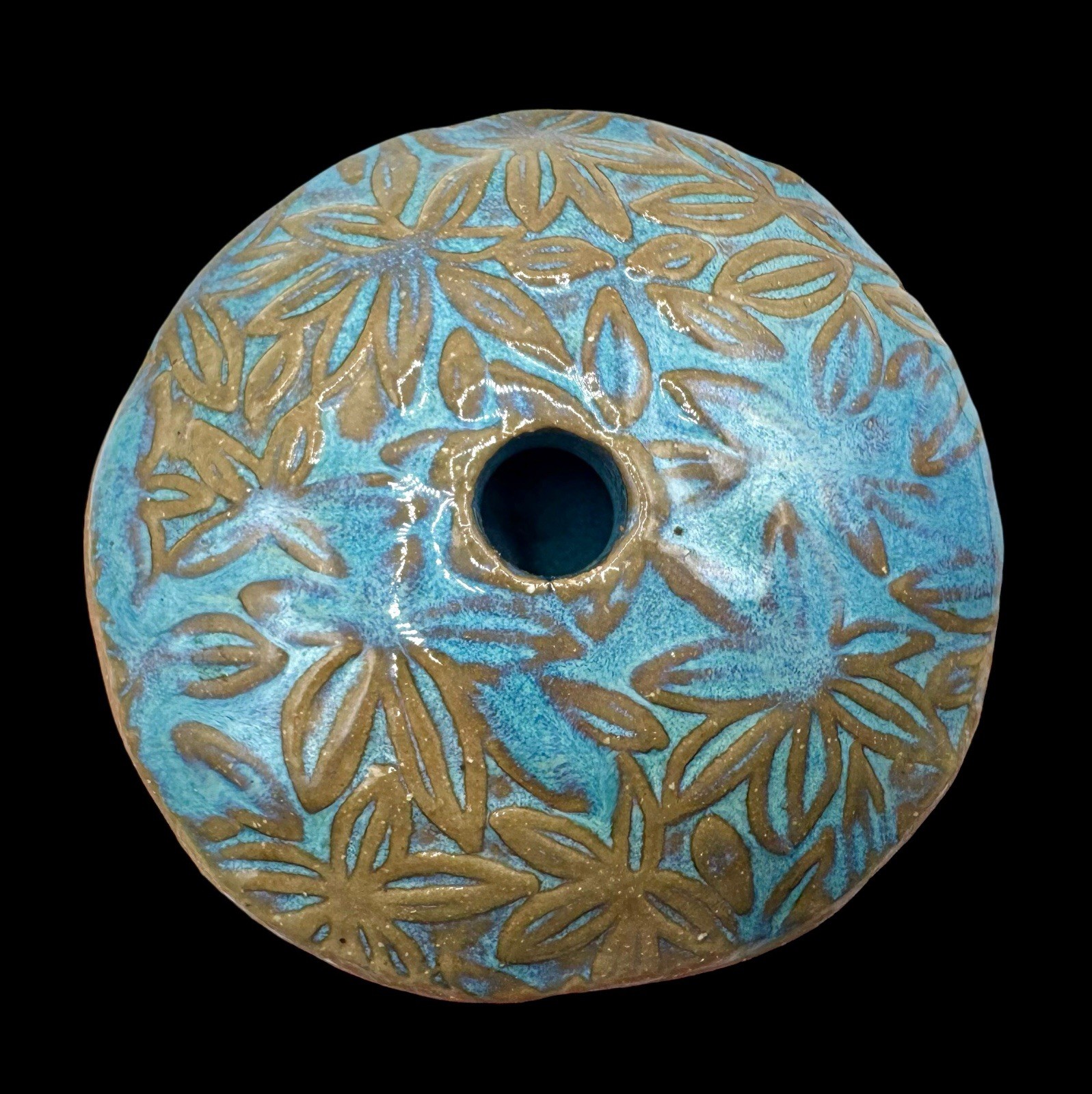 Signed ML Studio Art Pottery Small Bud Vase Flat UFO Disc Blue Floral 3 x 1”