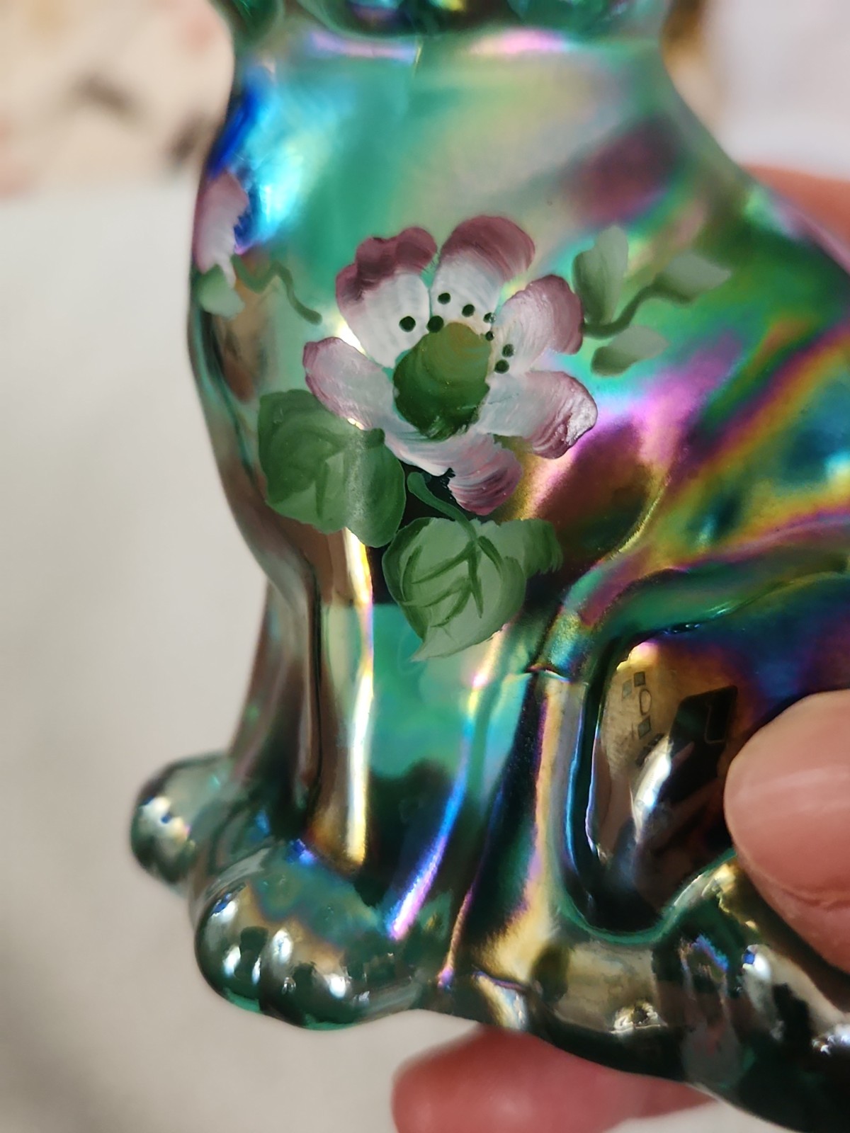 Purple Carnival Glass Fenton Cat Figurine Hand Painted With Sticker Stamped Logo