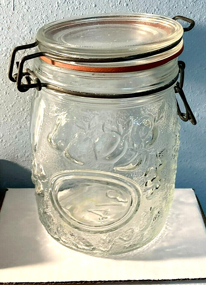 Vintage Clear Glass Decorated Jar/Canister w/ Fruit Pattern w/Original Seal-4×6″