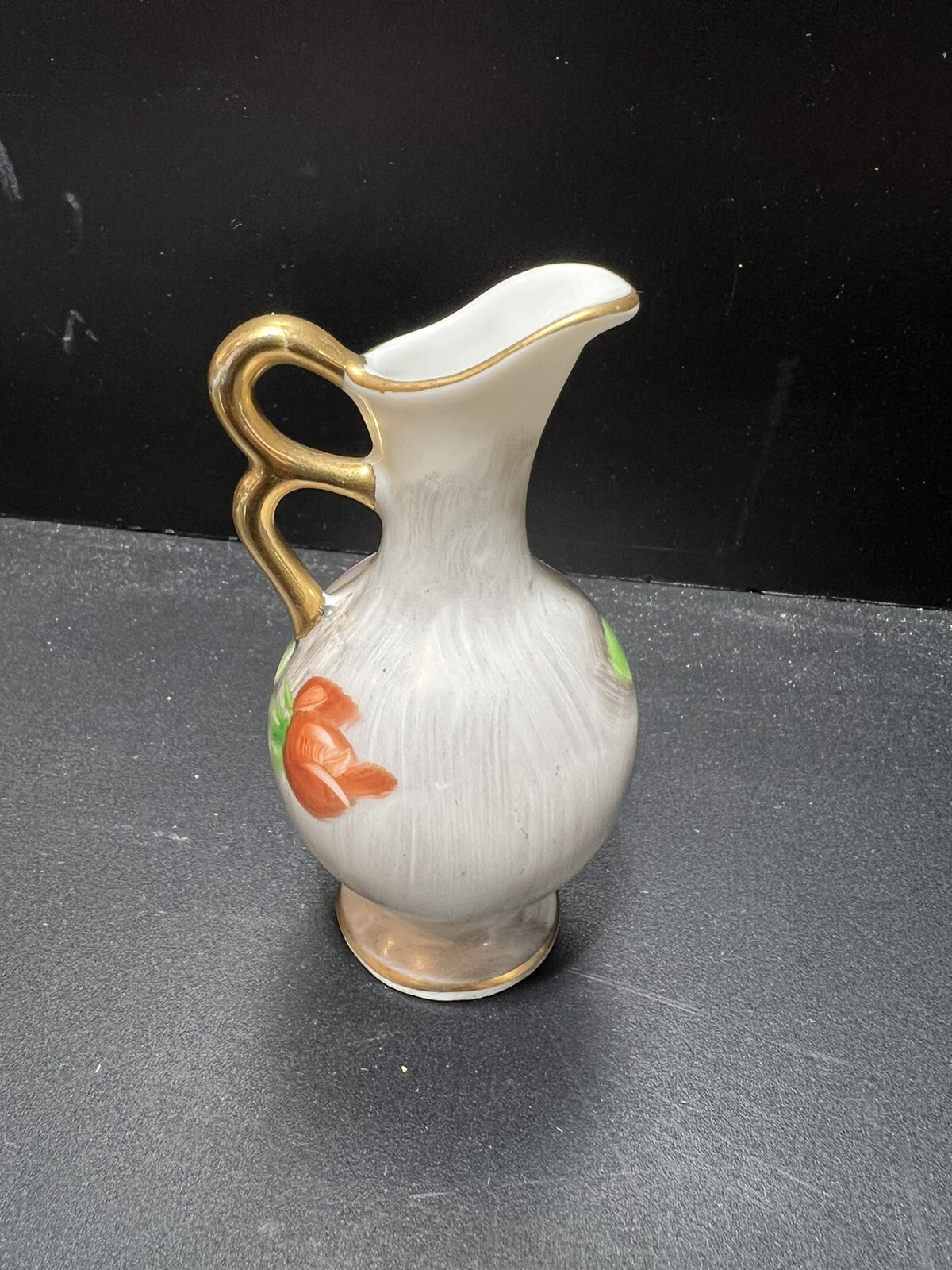 Norleans Mini Bud Vase Pitcher Pink Orange Flowers Gray w/ Gold Trim Vintage