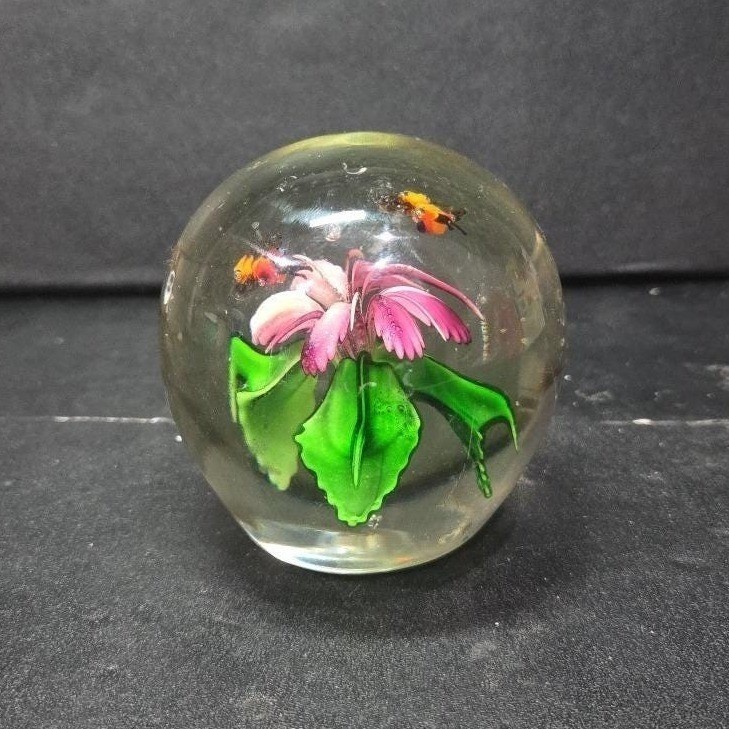 Silvestri Art Glass Paperweight, Purple Flower with Two Bees, Vintage Sculpture