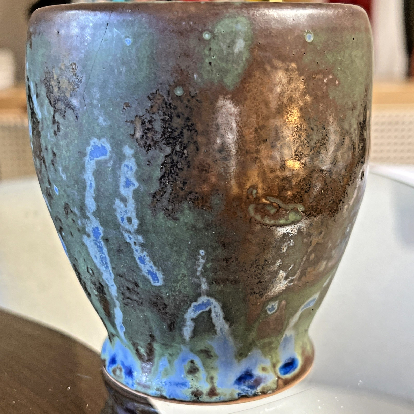 Studio Pottery Raku Style Planter Blue Green Brown Signed Art Pottery 4.4″