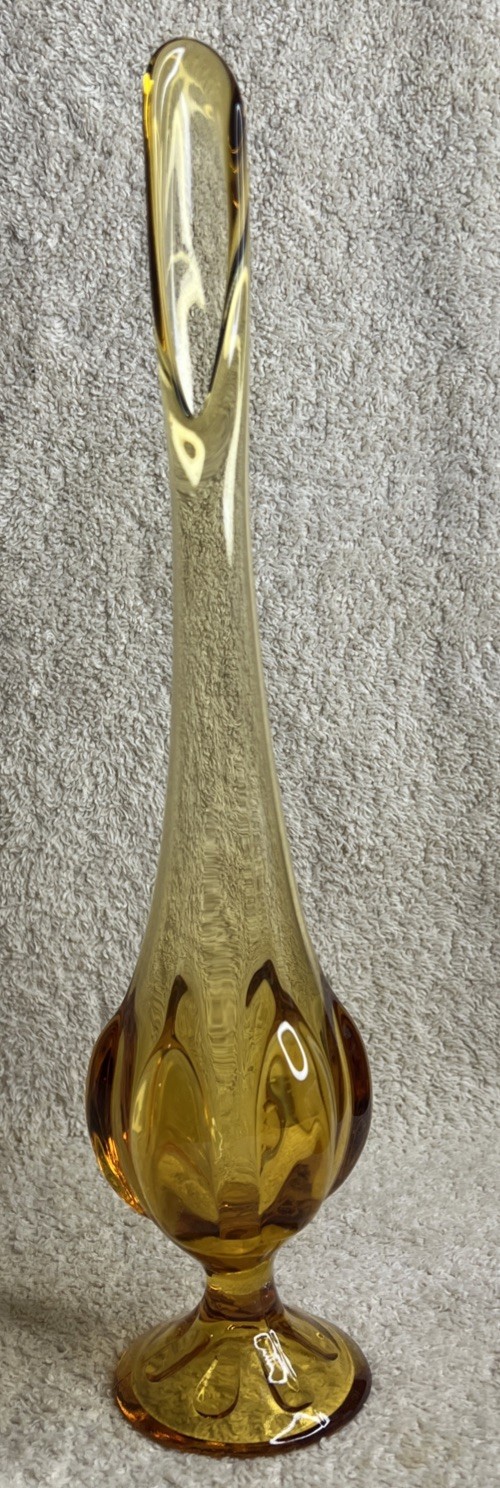 Vintage MCM Viking Swung Glass Vase 12” in Epic 6 Petal Footed Amber