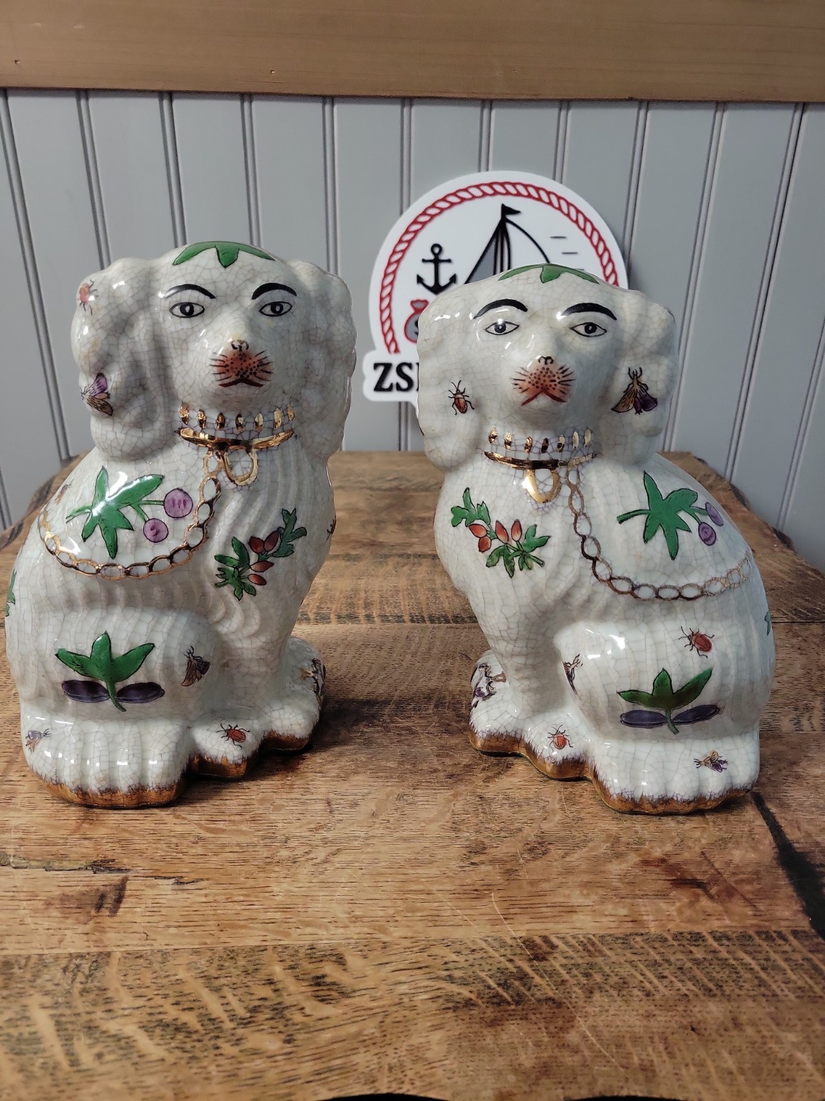 2 Staffordshire Style Spaniel Dogs Pair 8.75”Tall, Fruit And Bugs Graphics. VGC.