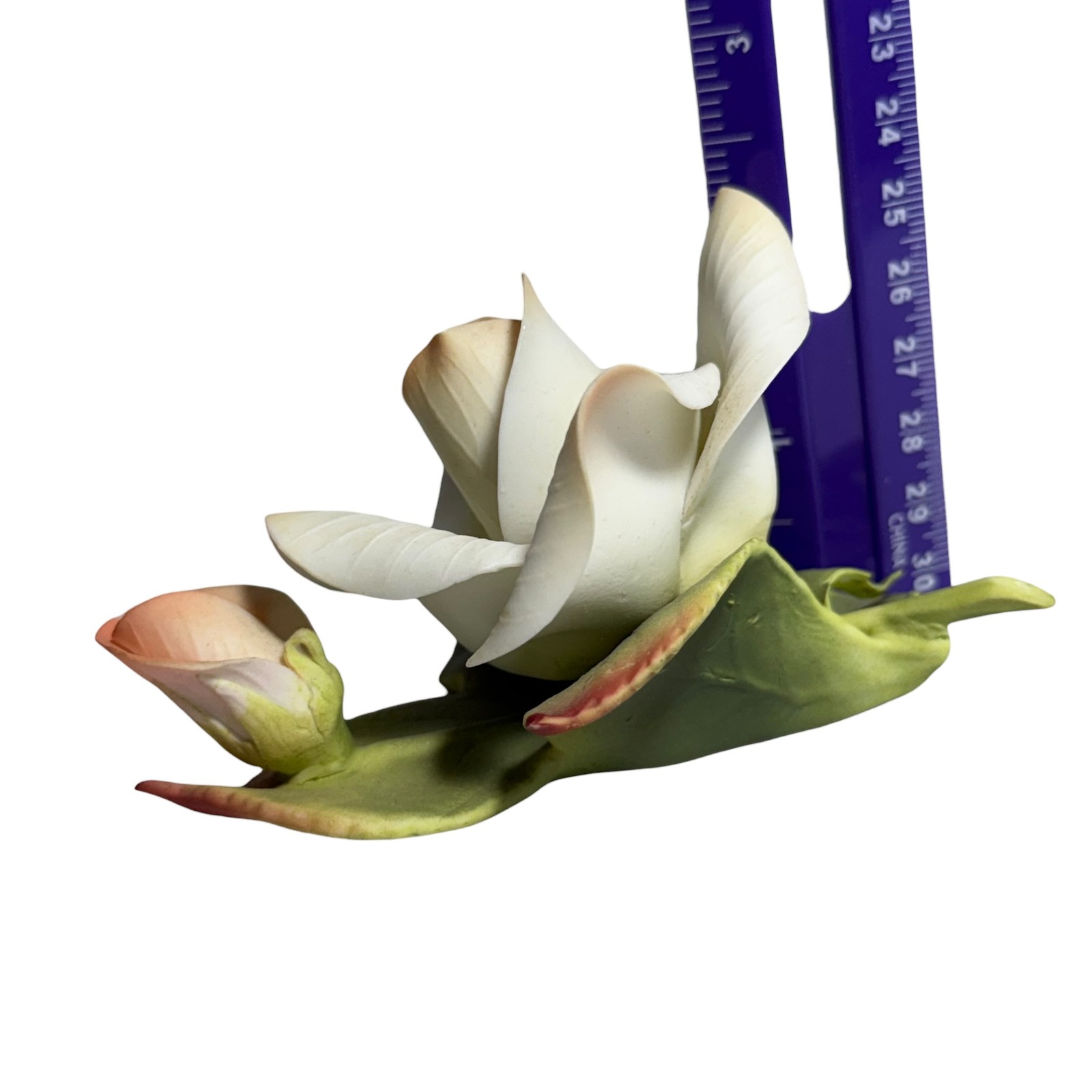 Porcelain Rose Figurine Capodimonte Style White Peach Green Botanical Flower