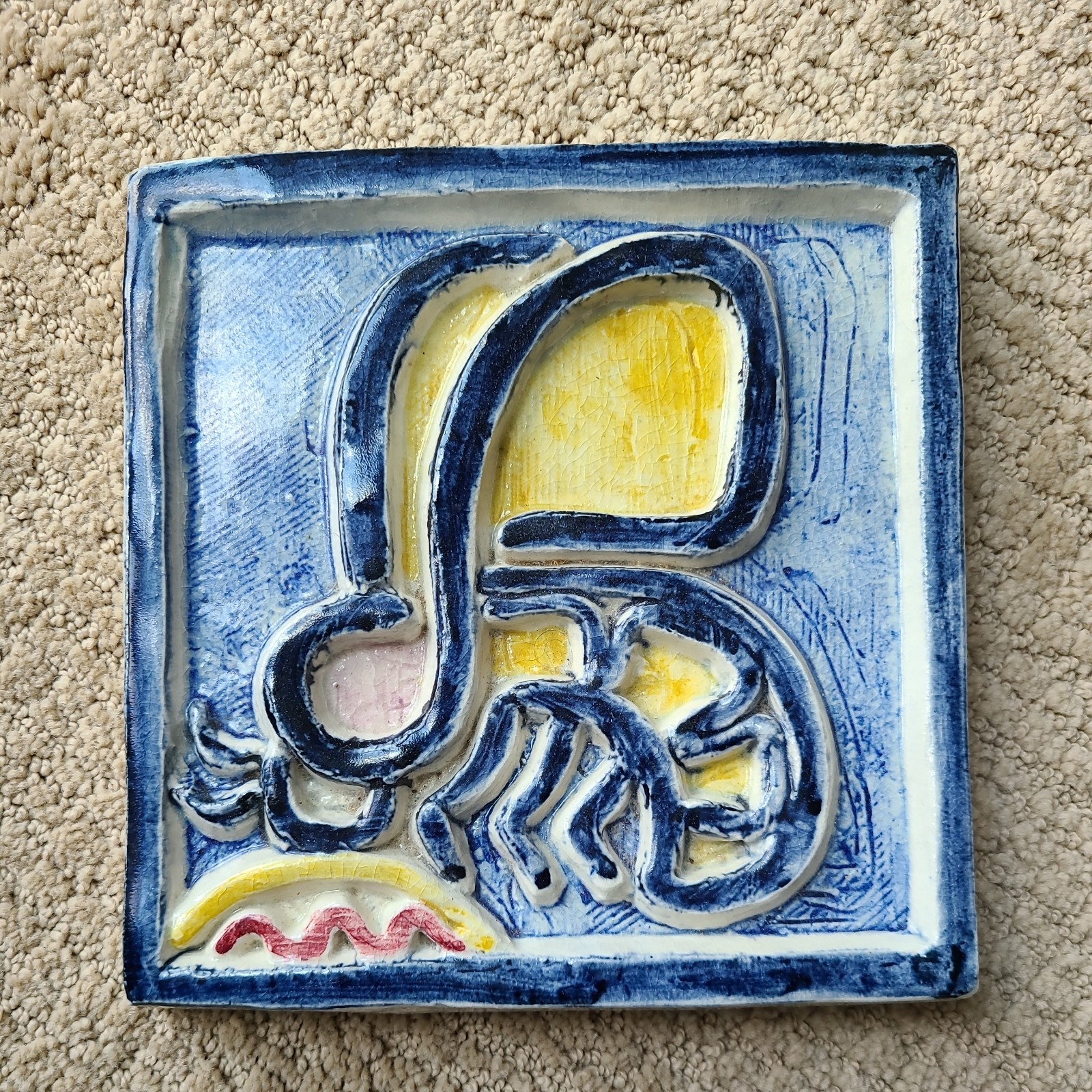 Shearwater Pottery Tile Anderson Bumble Bee relief design-Signed mk Script Mark
