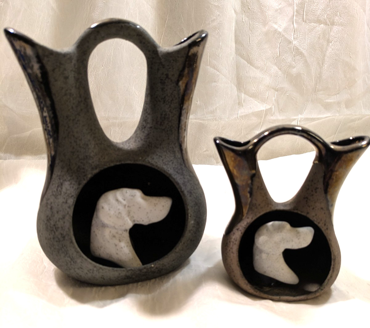 Unique Wedding Vase Style Pottery Retriever Pointer Bird Dog Cut Out Set of 2