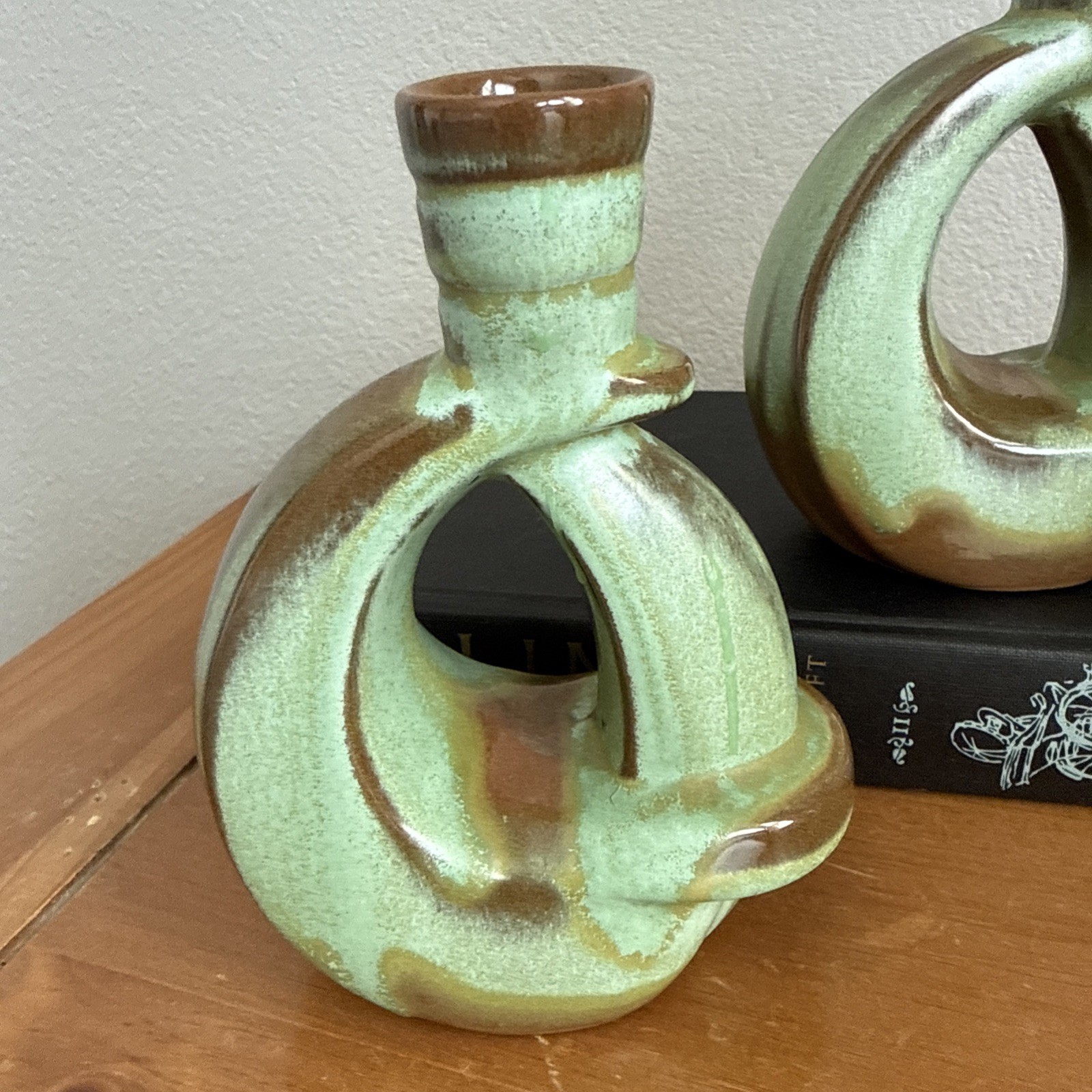 Vintage Frankoma 305 Pottery Prairie Green & Brown Candleholders Set-2