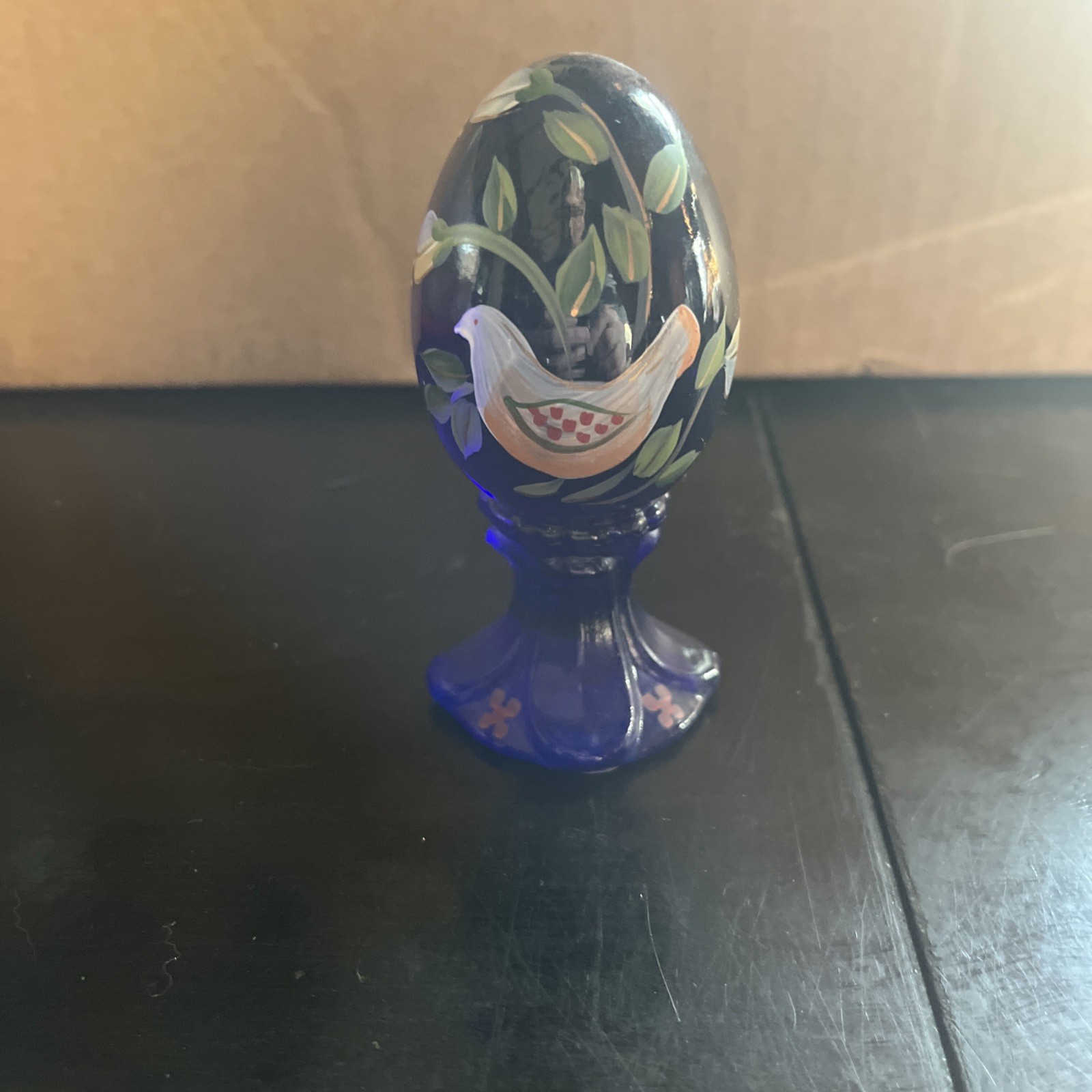 Fenton Glass Egg Cobalt Blue With Bird 686/3000 Handpainted Signed