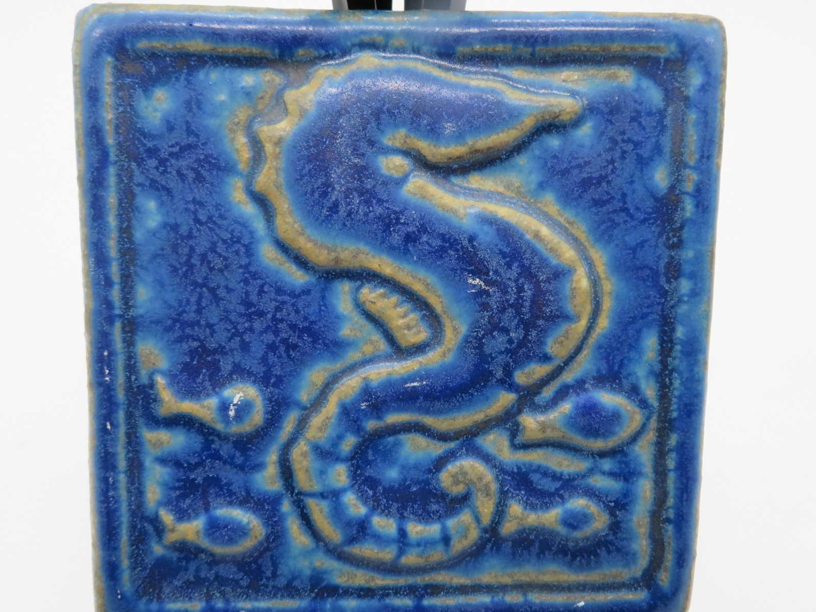 1992 Pewabic Pottery Detroit Tile Seahorse & Fish in Blue Glaze 4″ square