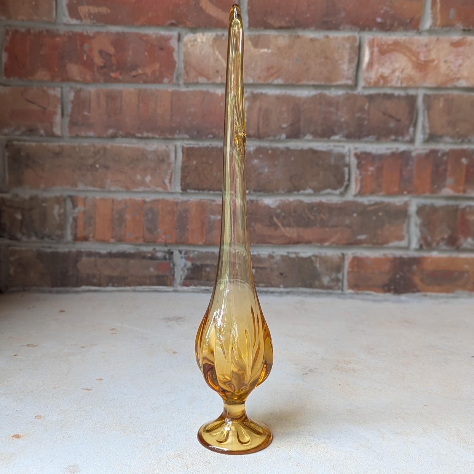 Viking Glass Swung Vase Amber Six Petal Footed Ribbed Vintage MCM 14″ Tall