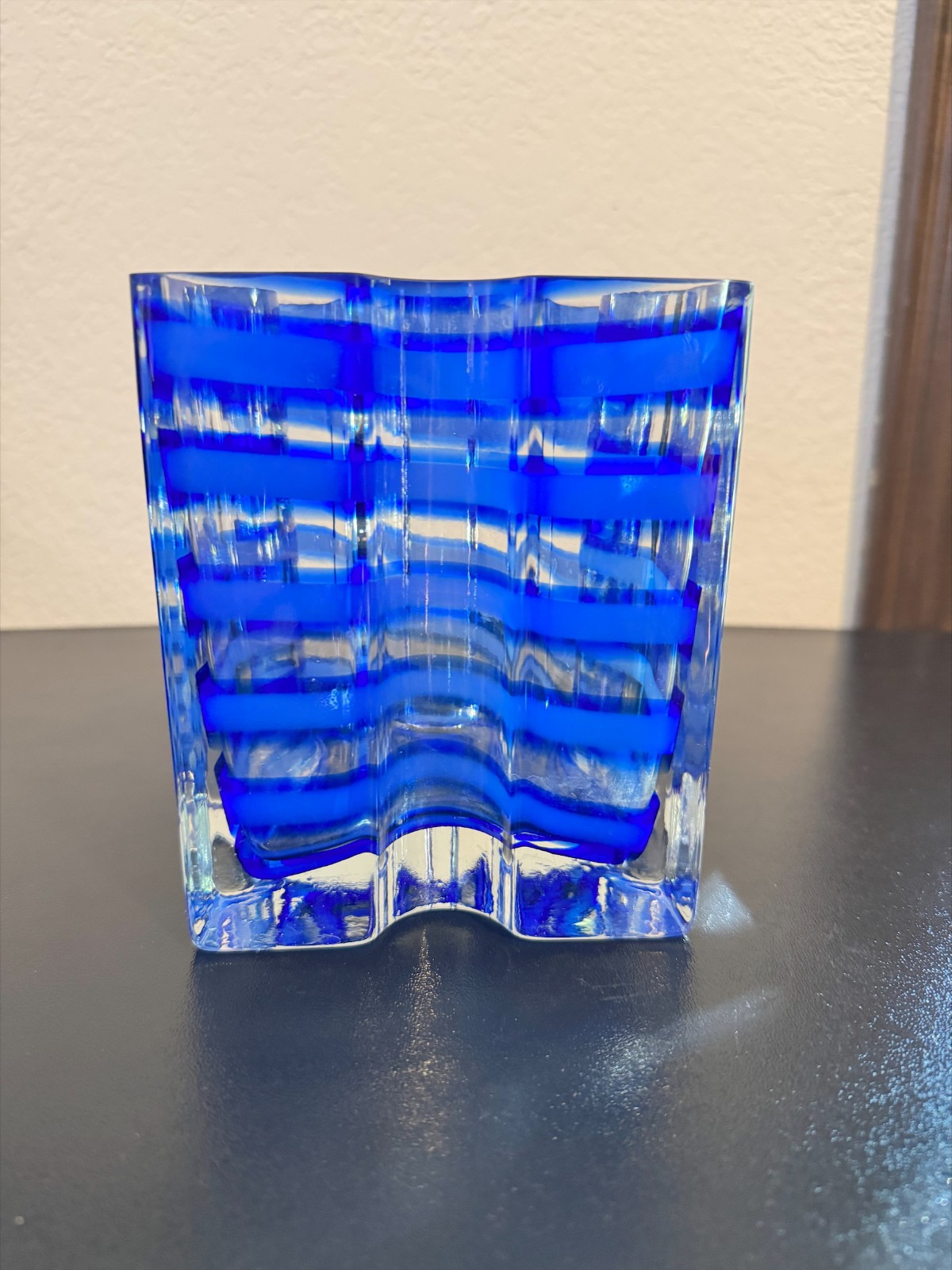 4.8lb Murano Style Cobalt Blue & Clear Art Glass Vase Thick Layered Modern Heavy