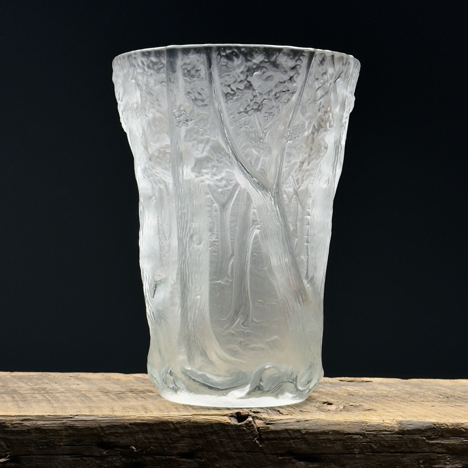 Vintage Art Deco Molded Bas-Relief Frosted Glass Vase with Sculpted Trees/Forest