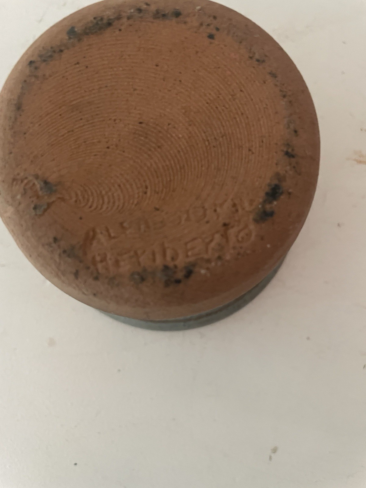 Signed two-toned pottery pot for storage or small plant, 2 1/4 inches tall