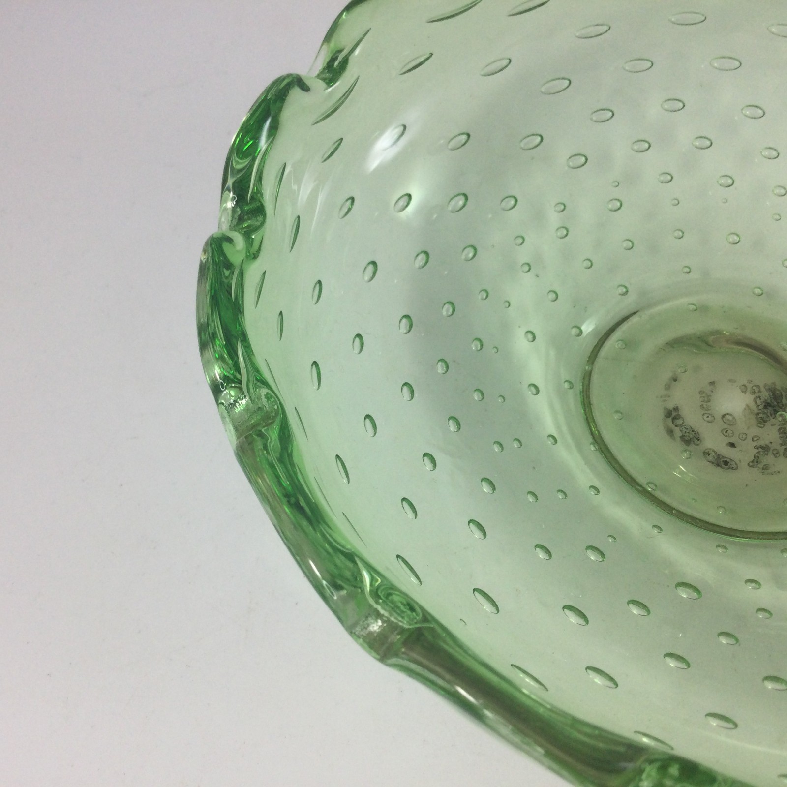 Vintage Green Glass Ashtray Hand Blown Control Air Bubbles Scalloped Edges READ