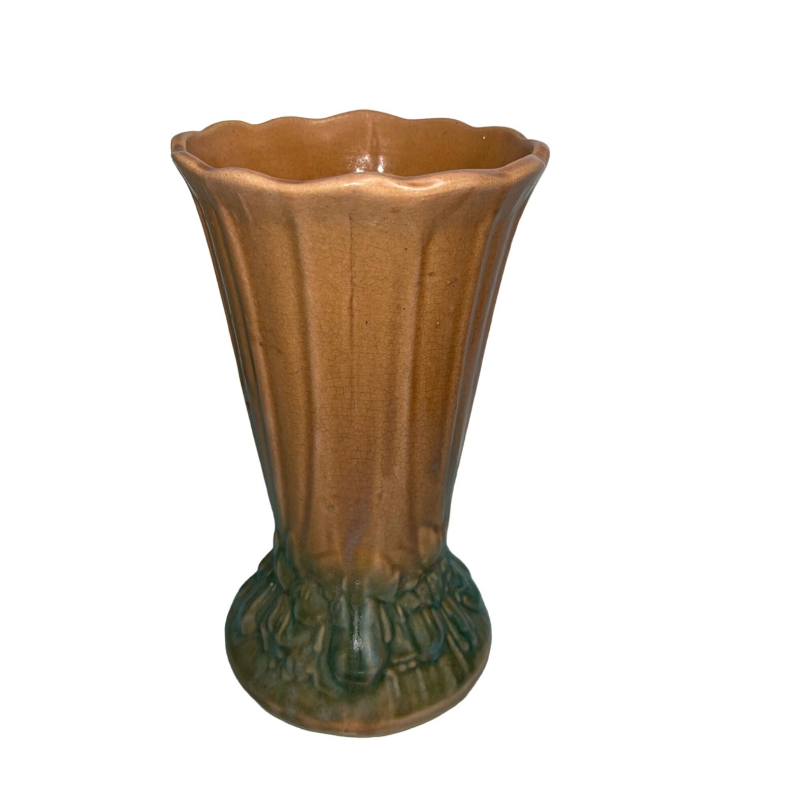 McCoy Cornucopia Vase Vintage Brown Green Leaves And Fruit Design Crazing 1930s
