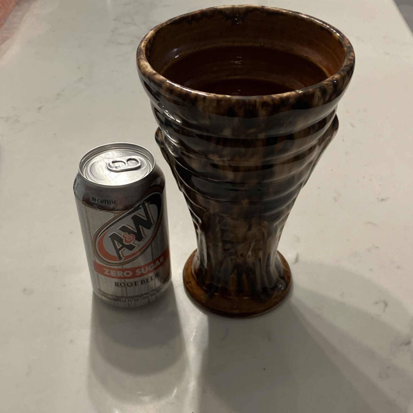 Brown Ribbed Glossy Ceramic Pottery Vase, Approx. 8″ x 4″, Decorative