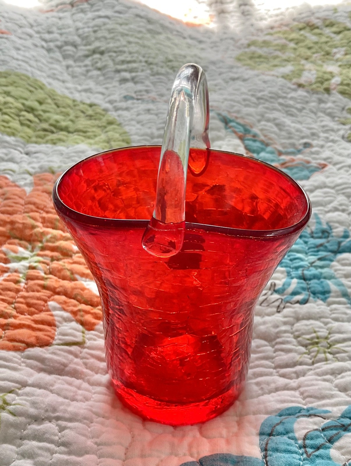 Set of 2 Vintage Pilgrim Hand Blown Glass Baskets, Crackled Glass, Orange Red,5″