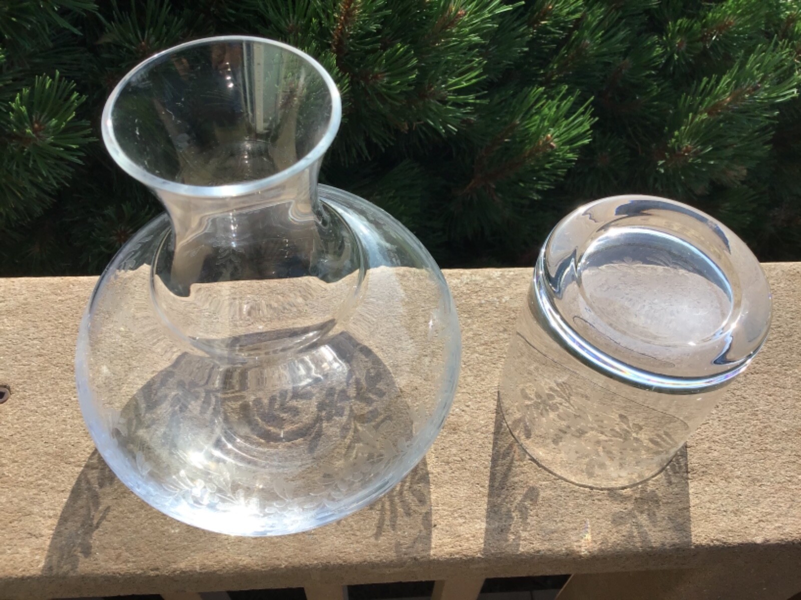 Tumble Up Guest Set Bottle Tumbler Etched Pattern Crystal Acid Etched Vintage