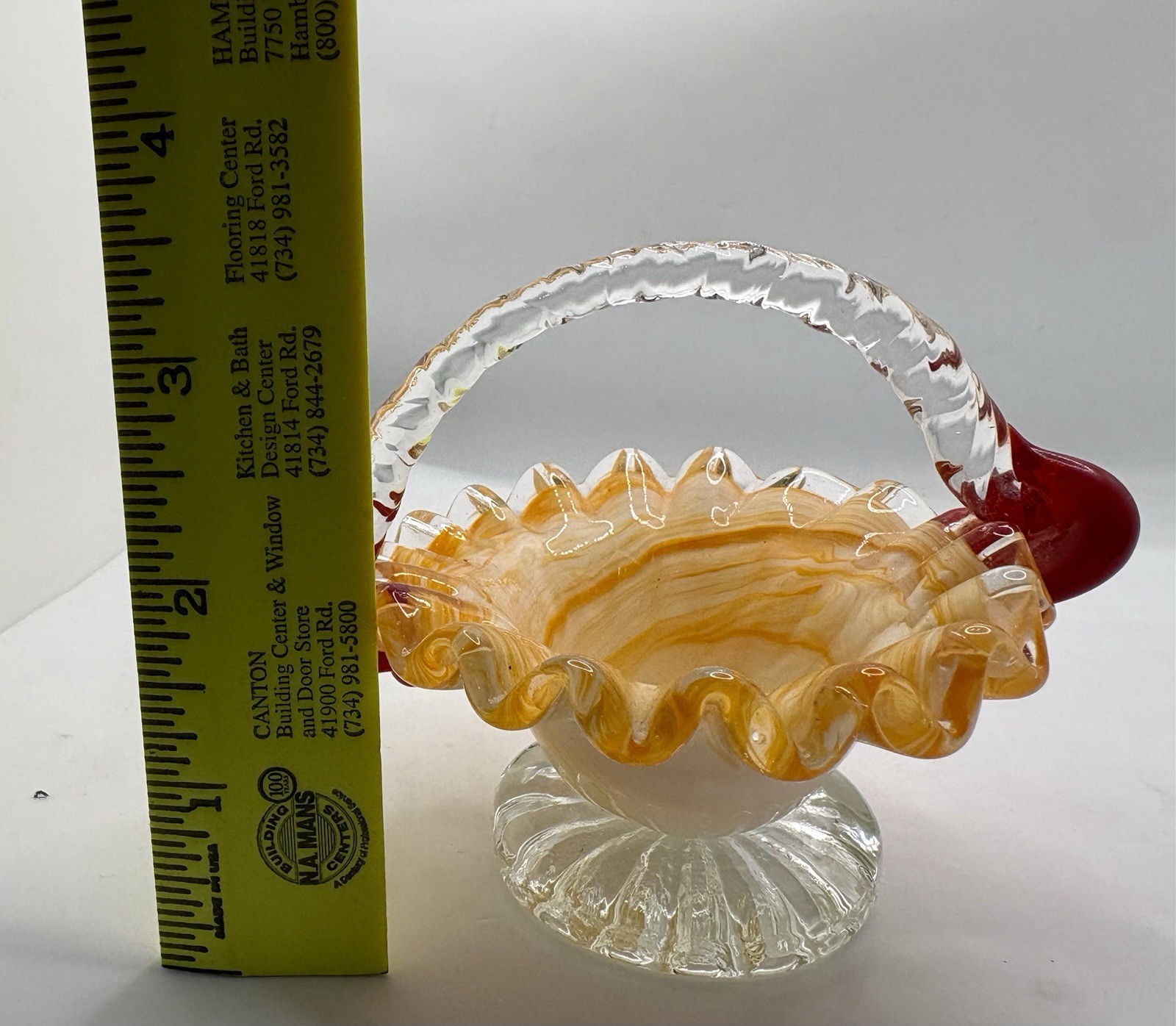 Miniature Glass Basket Orange And Yellow Marbled Art Glass With Ruffled Rim VTG