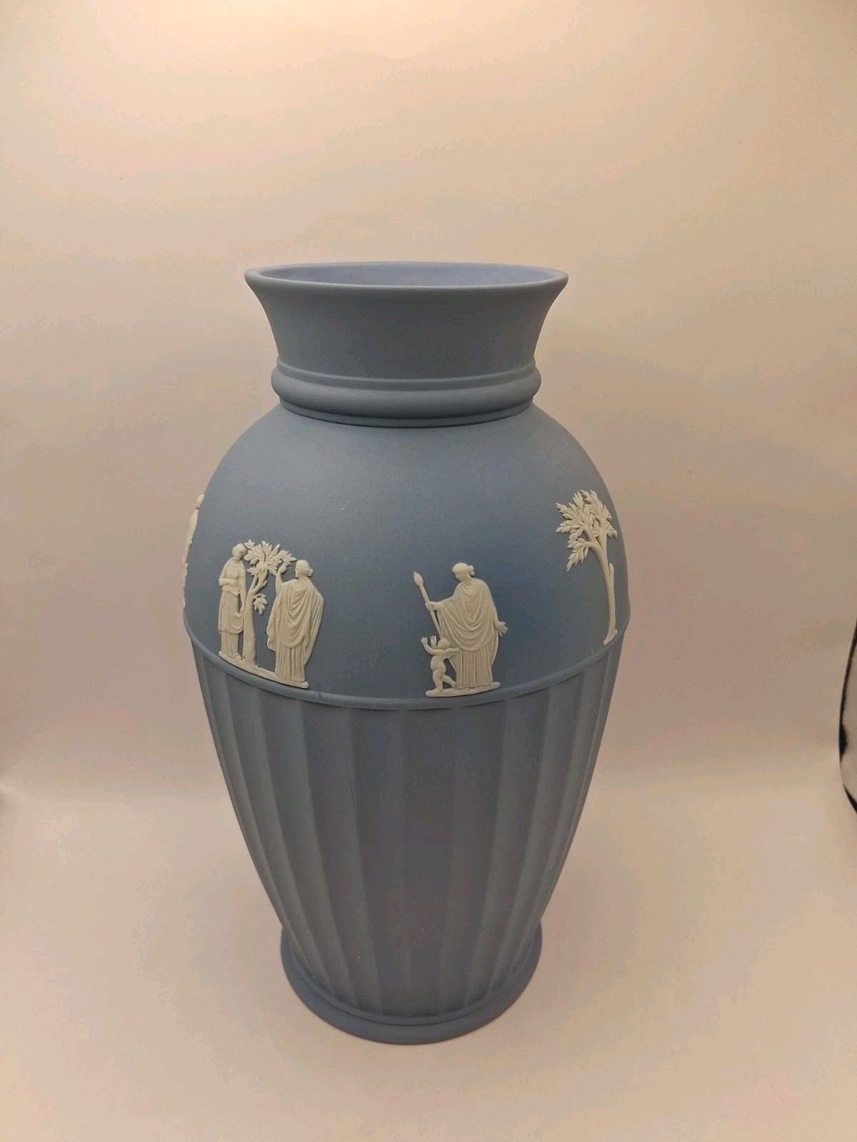 Vtg. Uniq Wedgwood Blue Off White Jasperware Vase W Classical Scenes. England