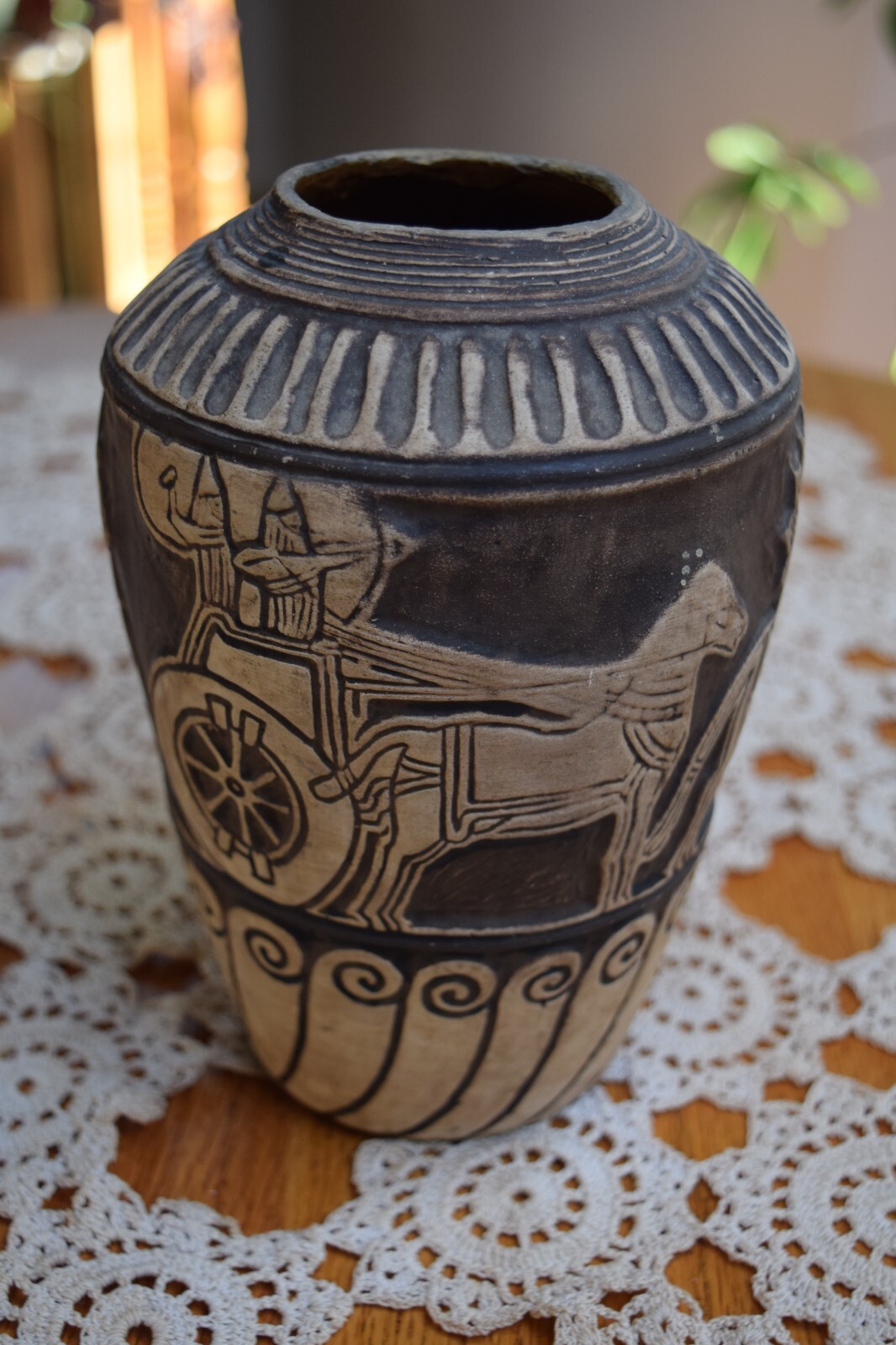 Antique Weller Burntwood 1910s Brown Roman Chariot Egyptian Art Pottery Vase