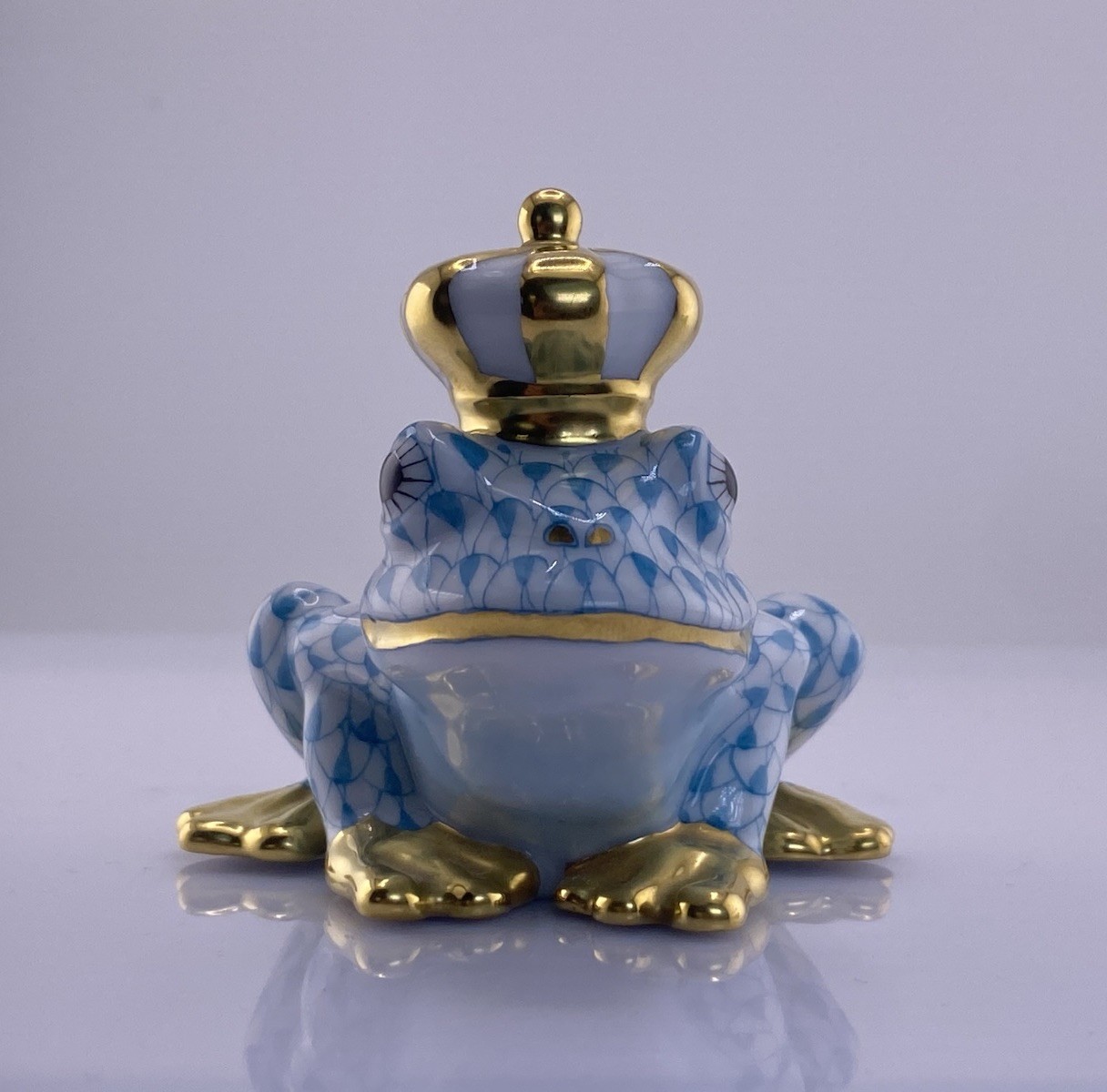 Herend Frog Prince Blue Porcelain Figurine Handpainted 24K Gold Hungary S1010