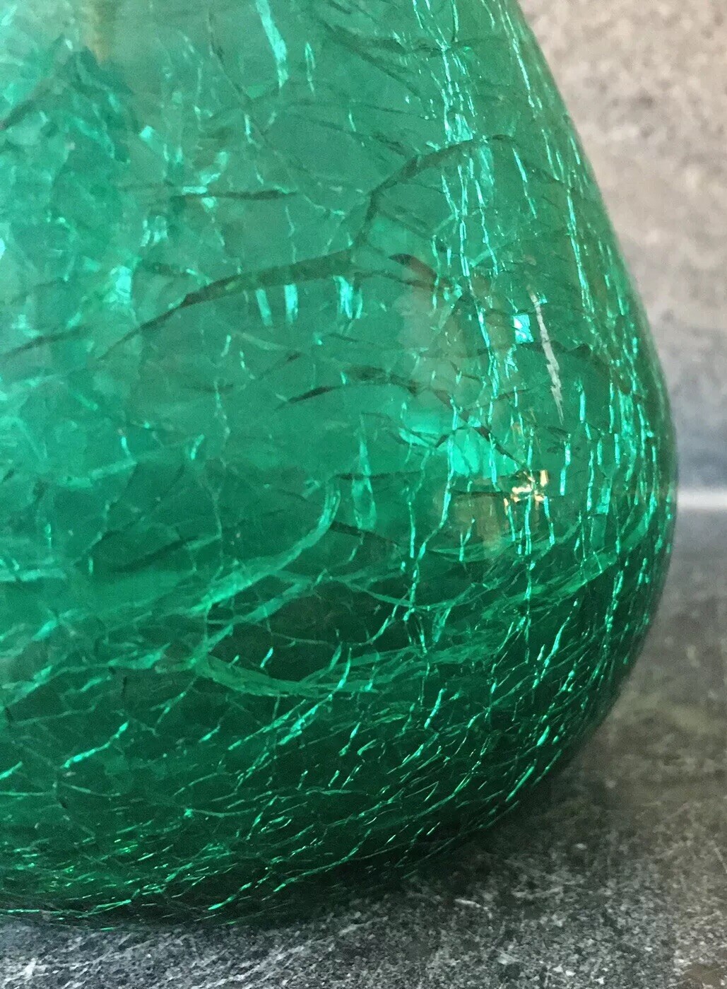 Vintage Crackle Art Glass Vase 7.5” Tall Emerald Green 3D Applied Rigoree EUC