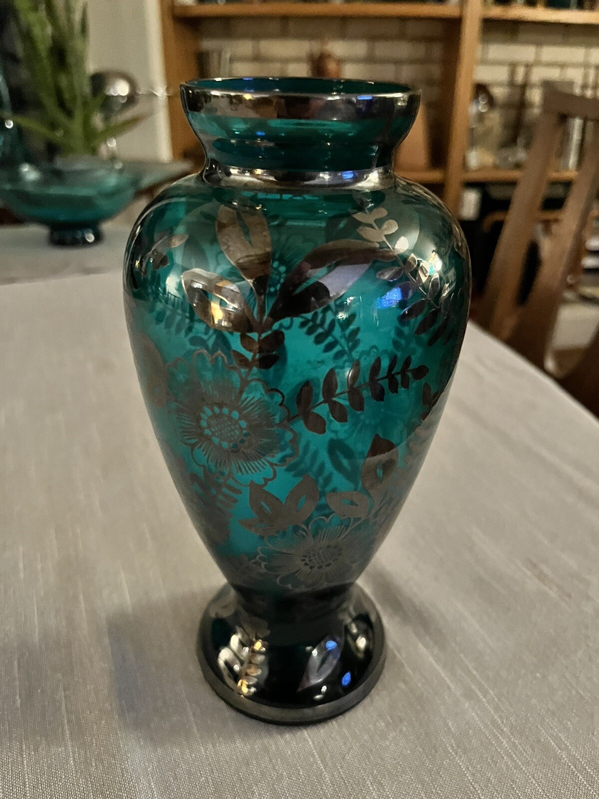 Midcentury Italian Silver-Overlay Teal blue Glass Vase 1940’s 8 1/2” H X 2 1/2”