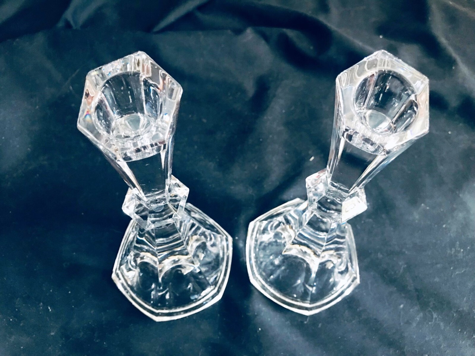 TOWLE TOC31 HEXAGONAL SET/2 LEAD CRYSTAL CANDLESTICKS 7 1/2 IN. AUSTRIA EX.COND.