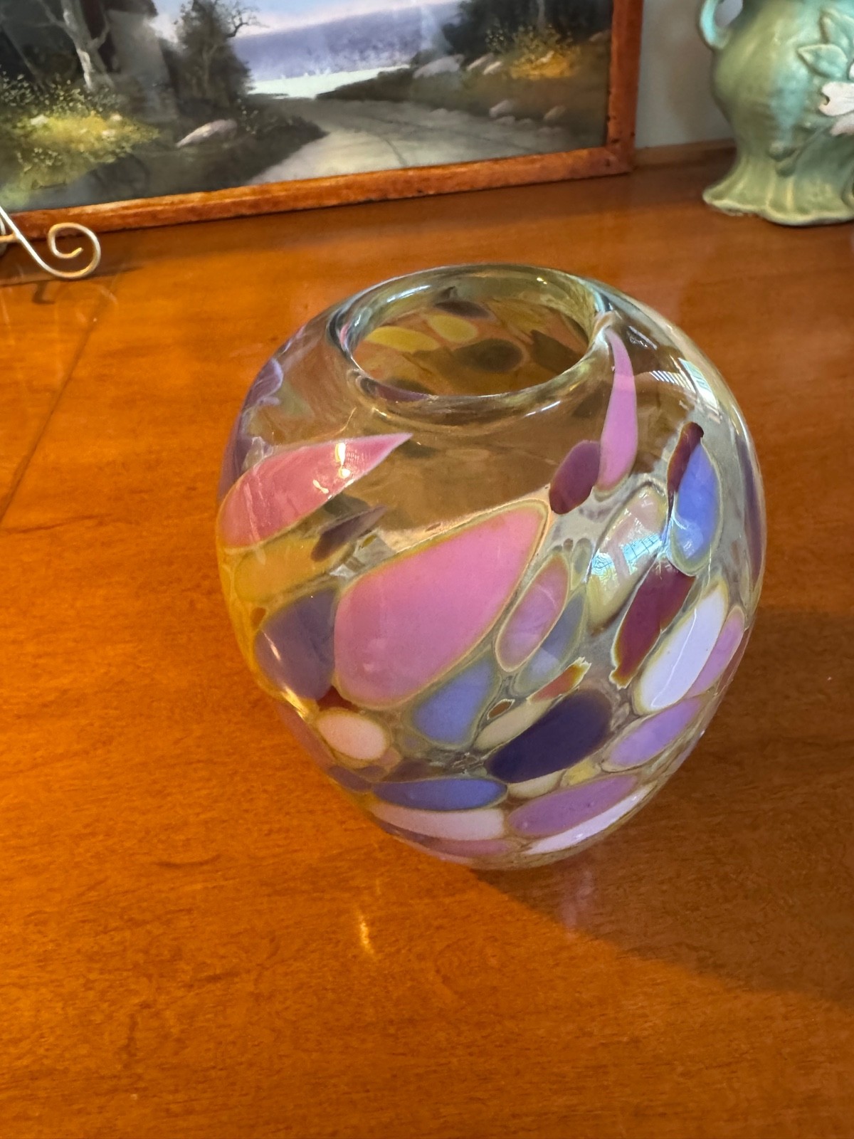 Bruce Freund Signed Hand Blown Art Glass Vase Multi Colored 1987 Collectible