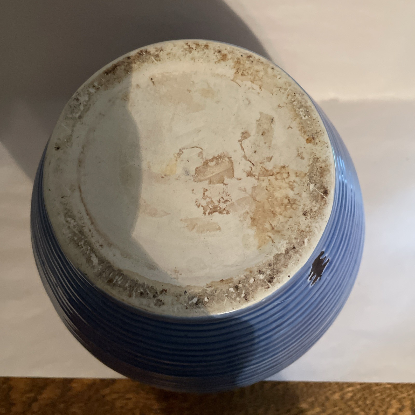 Vintage Art Deco Blue Art Pottery Vase Or Planter Ribbed Design Small Handles